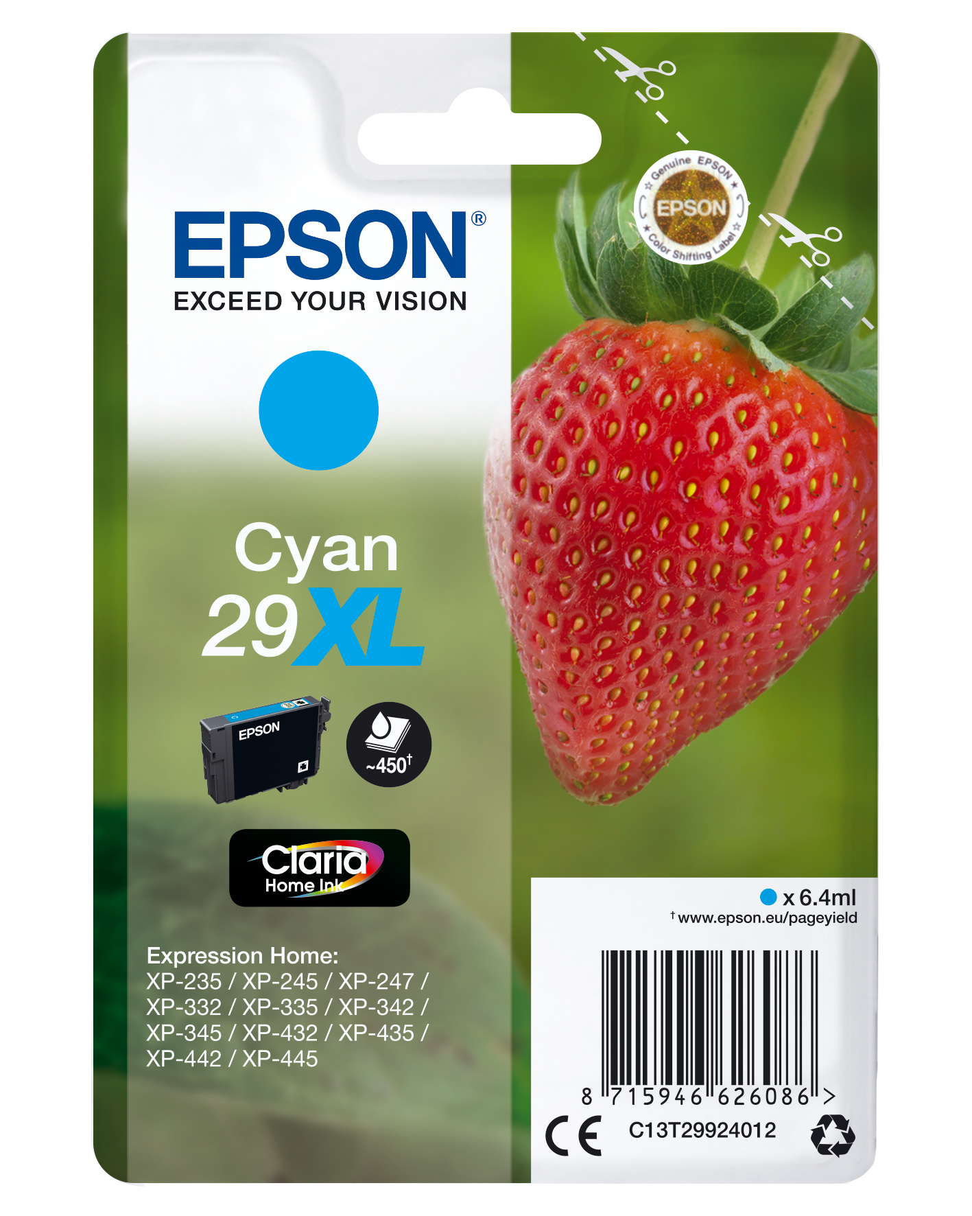 Opakowanie wkładu atramentowego Epson Cyan 29 XL z obrazem truskawki z boku.