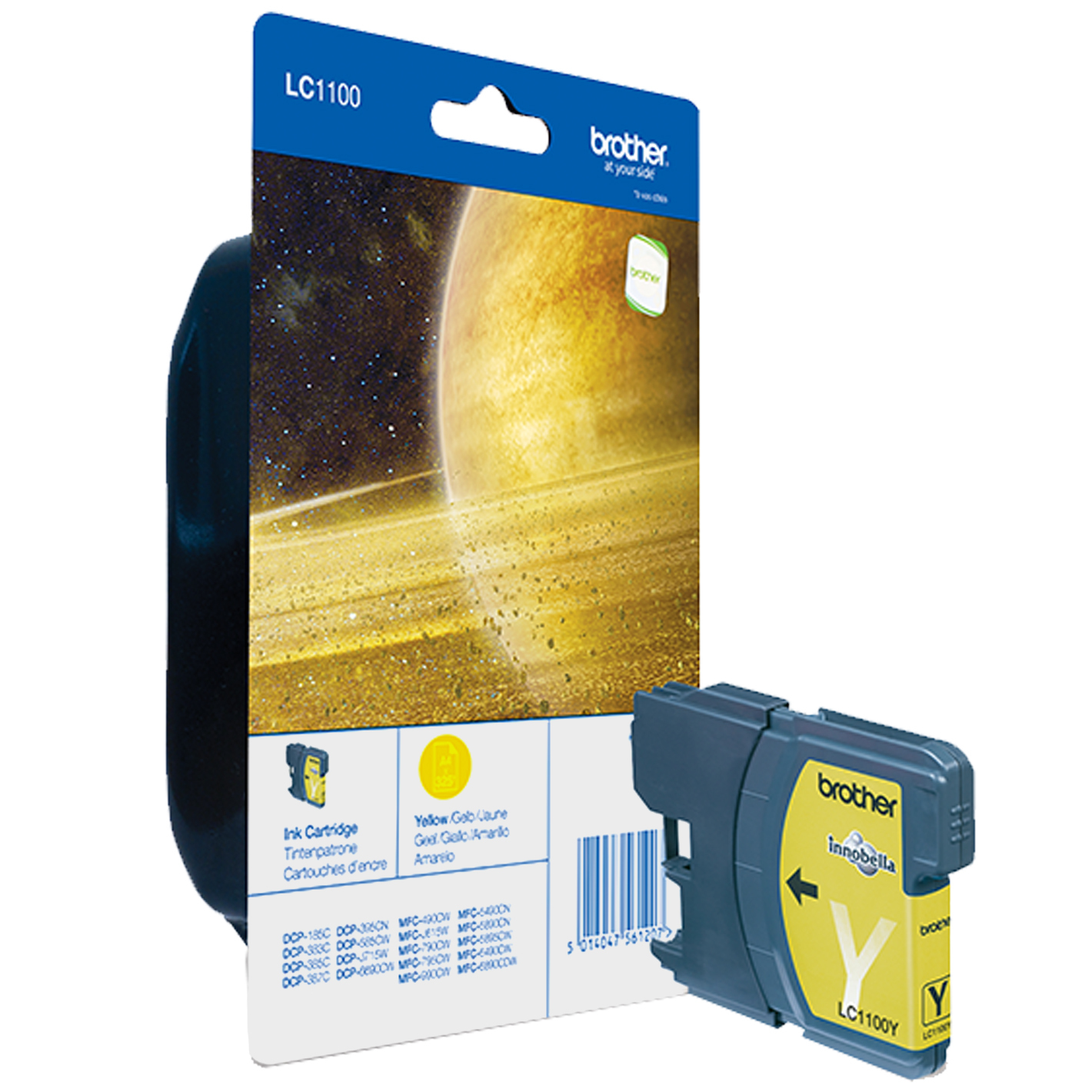 Yellow ink cartridge in a box with yellow label and text: Yellow Gelb Jaune Amarelo, LC1100Y.