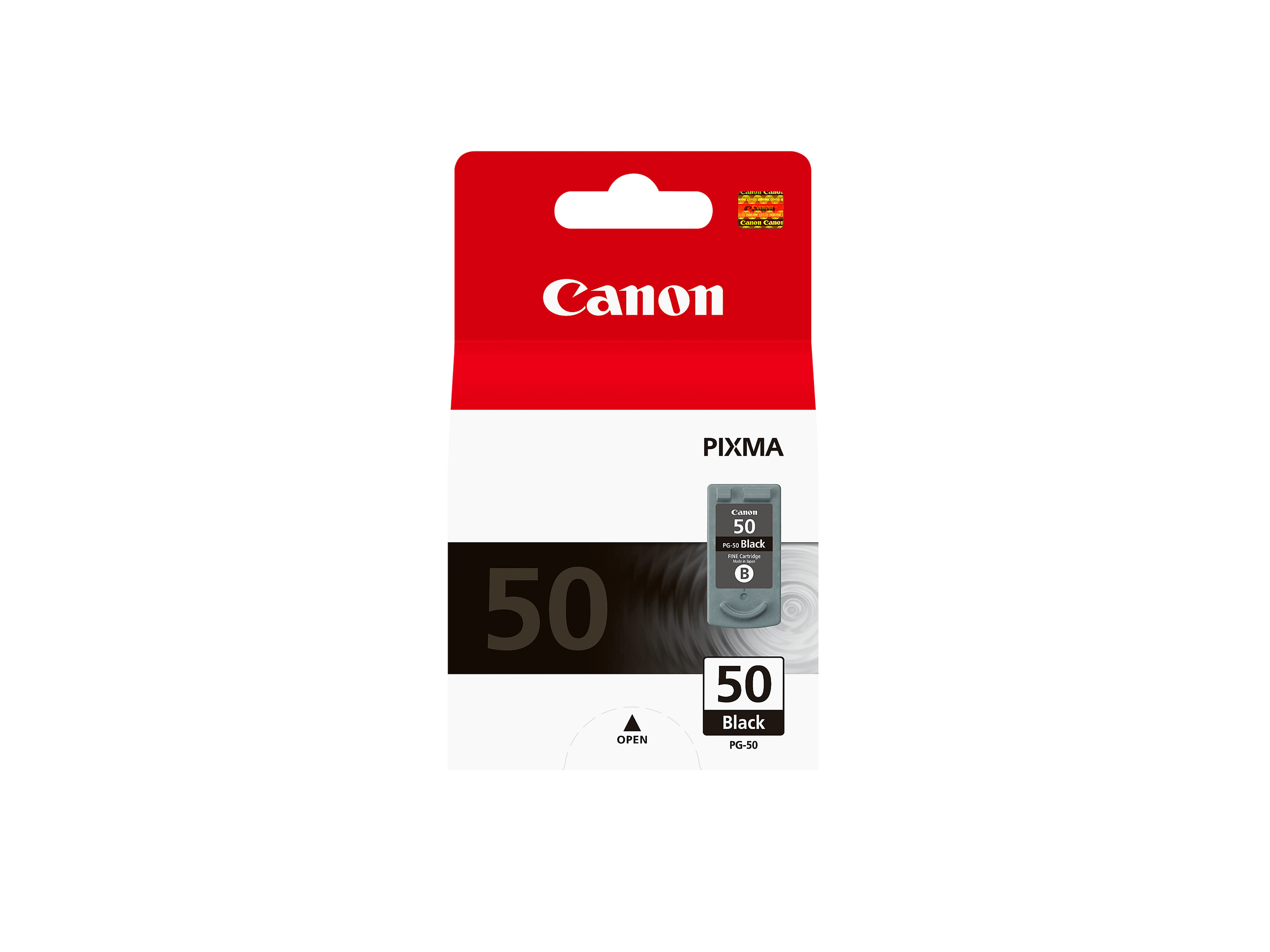 Een Canon inktcartridge in een rood-witte verpakking, gelabeld met het nummer 50.