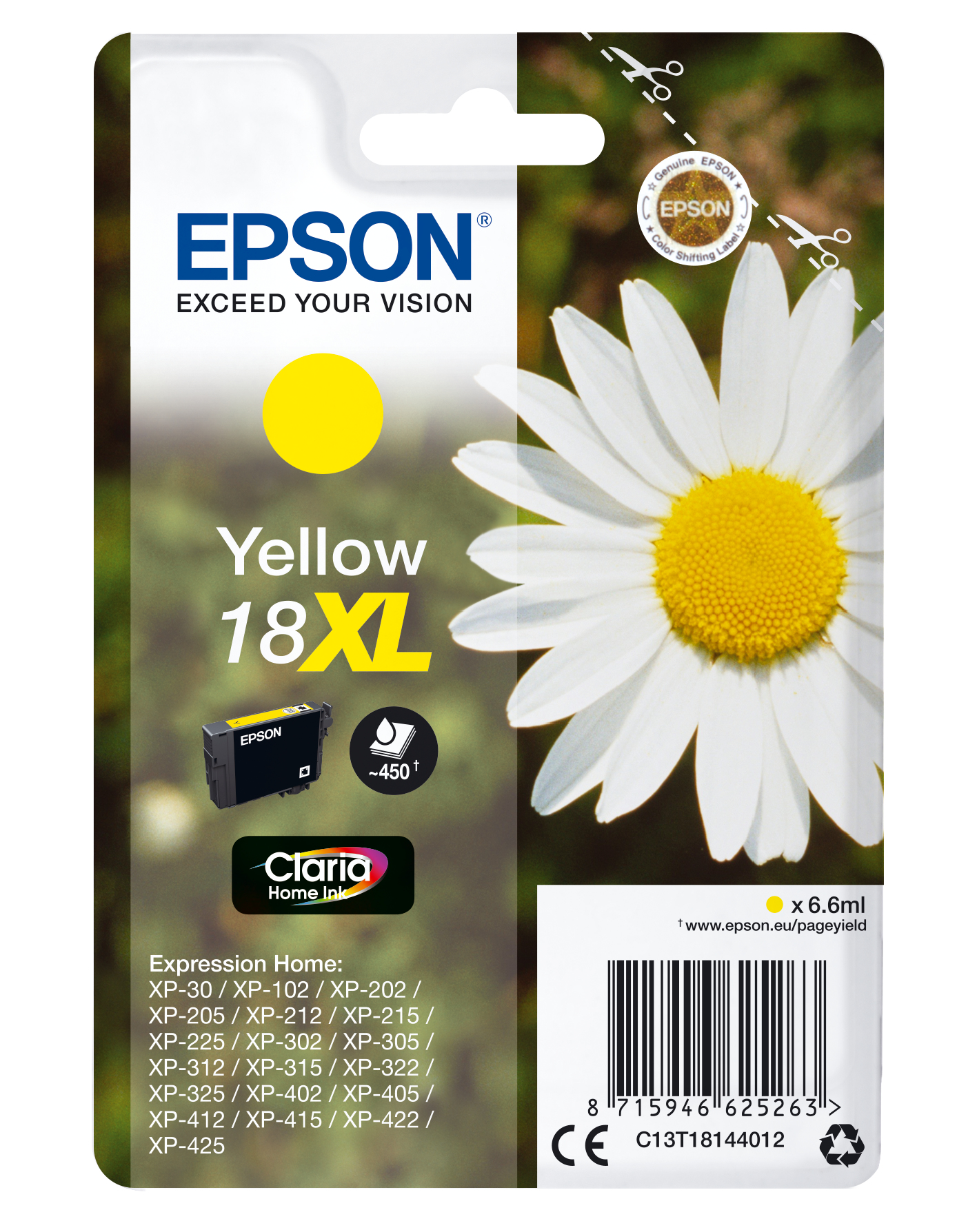 Żółty wkład atramentowy Epson, oznaczony jako 18XL, ze stokrotką i tekstem na opakowaniu.
