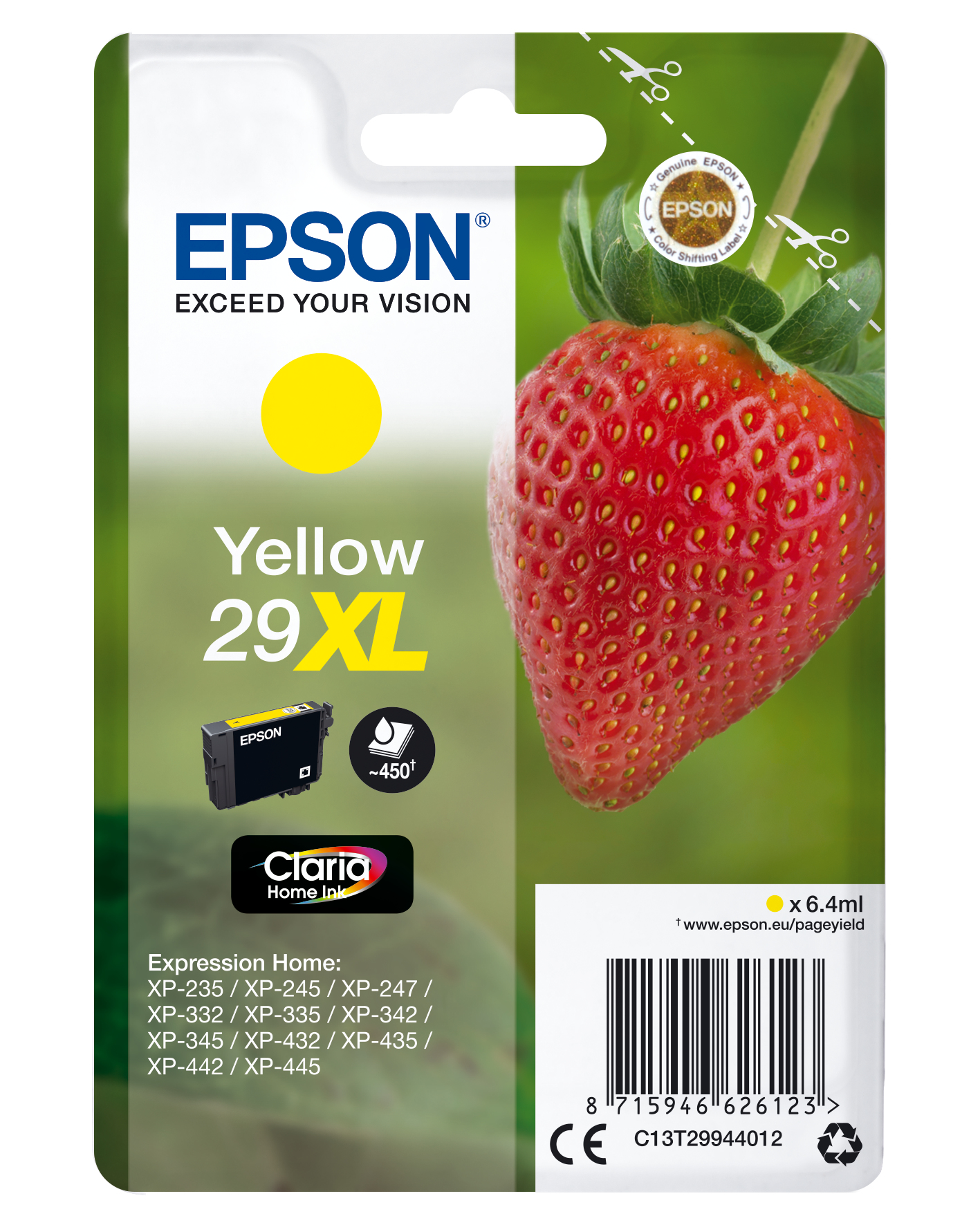Epson gele inktcartridge verpakking. Voorzien van de inktcartridge en een aardbeienillustratie.