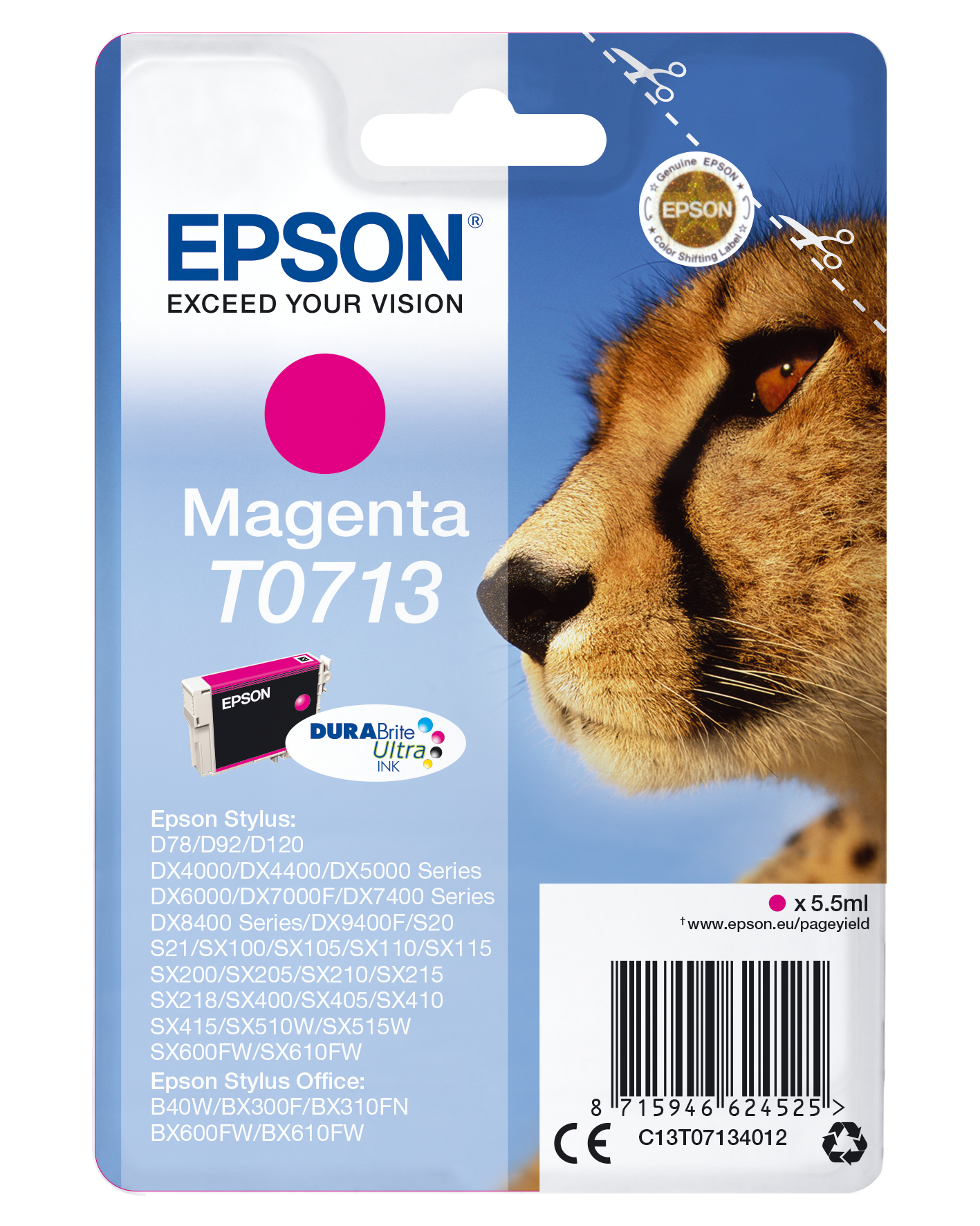 Een magenta Epson inktcartridge met een cheetaface aan de rechterkant. Tekst en logo links.