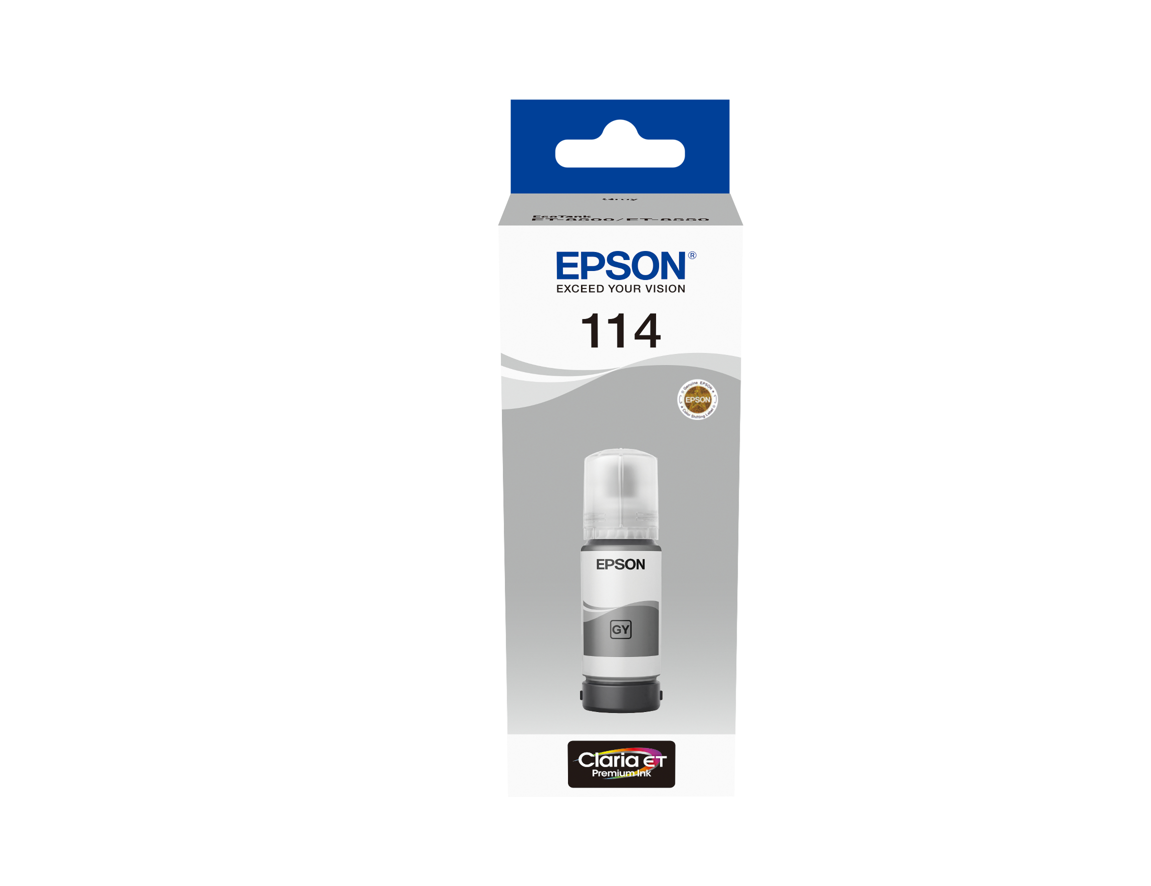 Butelka szarego tuszu Epson 114 w pudełku. Widoczne logo i marka Epson. Białe tło.