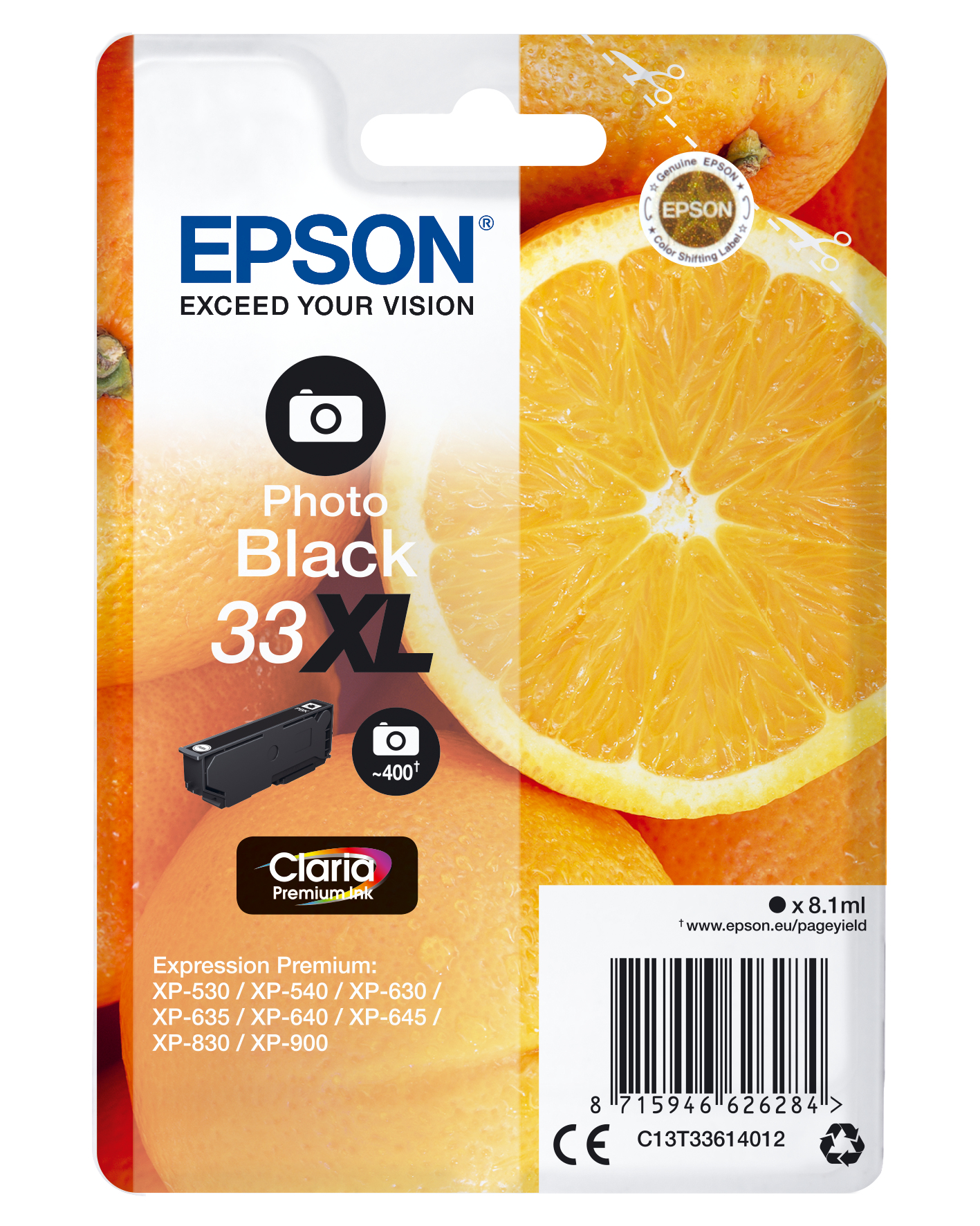 Epson Tintenpatrone, orangefarbener Hintergrund. Text: Photo Black 33 XL, Epson Logo.