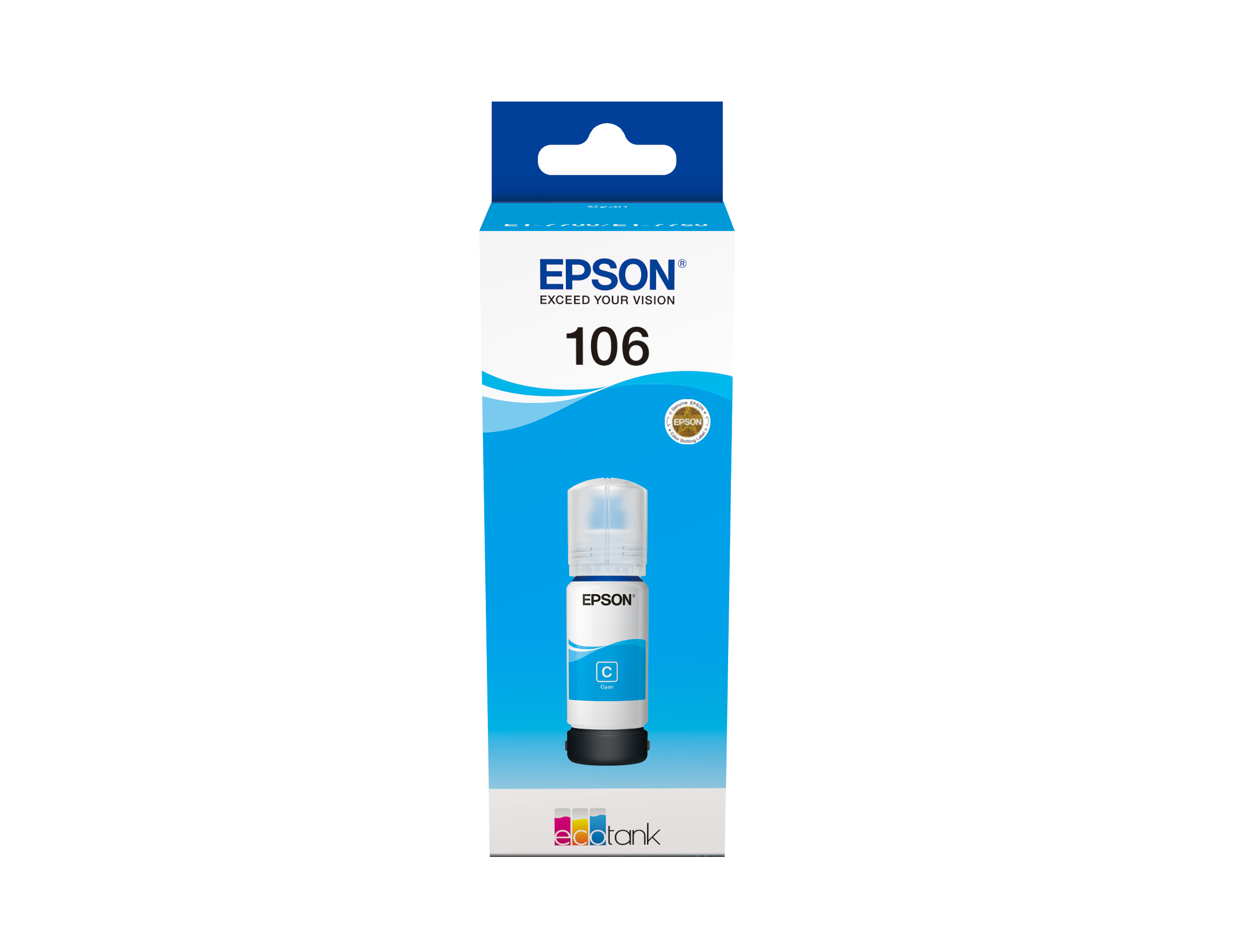 Flacone di inchiostro Epson con etichetta blu nella sua scatola. Sfondo bianco.