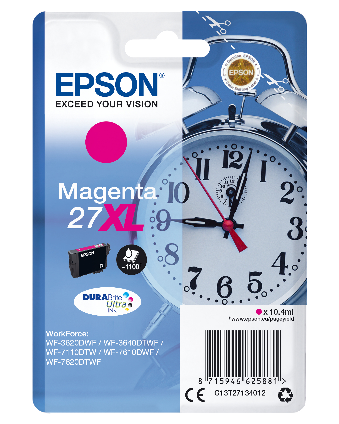 Epson Magenta Tintenpatrone mit einer Wecker-Grafik als Zeitreferenz.