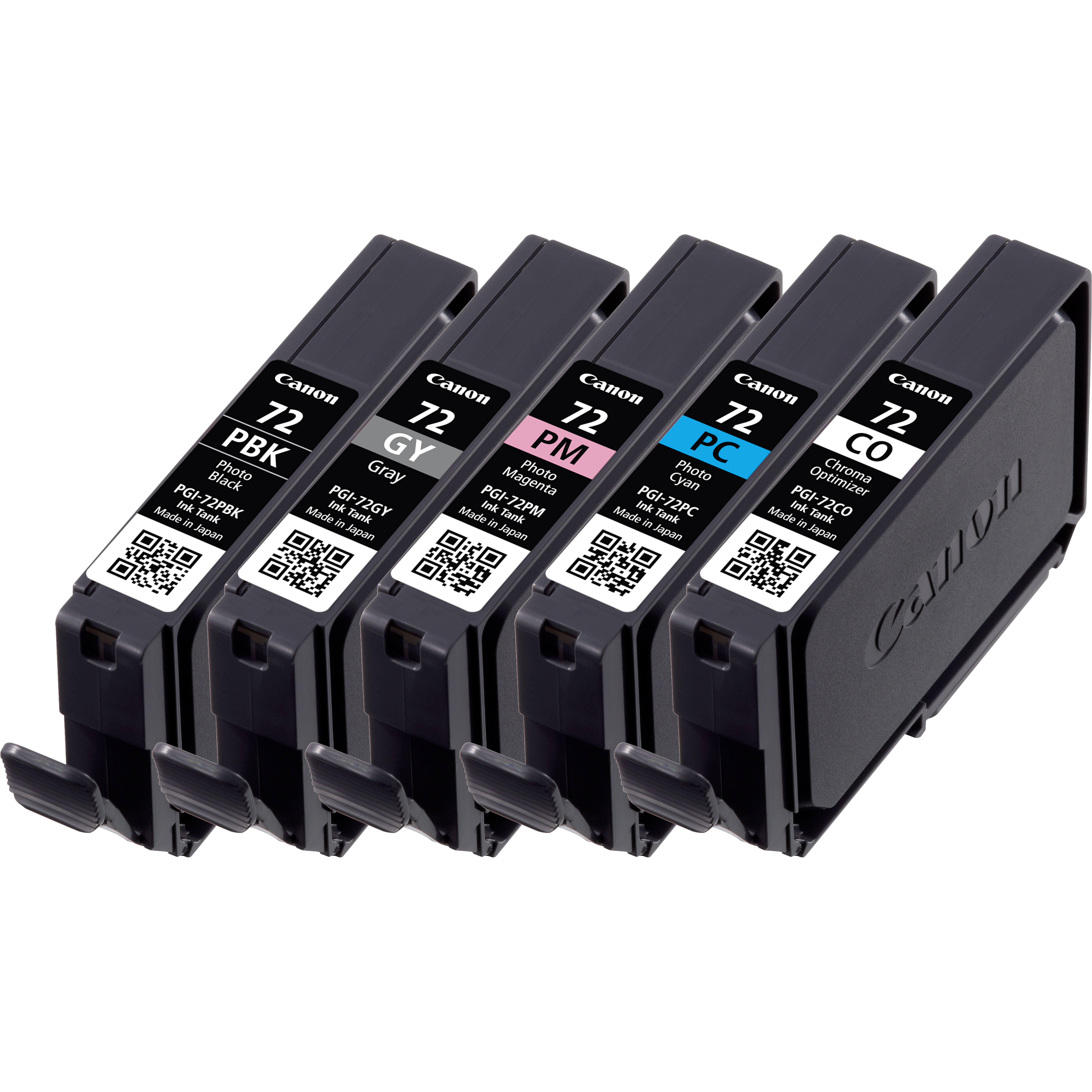Een set Canon-inktcartridges. Zes cartridges zijn zichtbaar, gelabeld met inktsoorten.