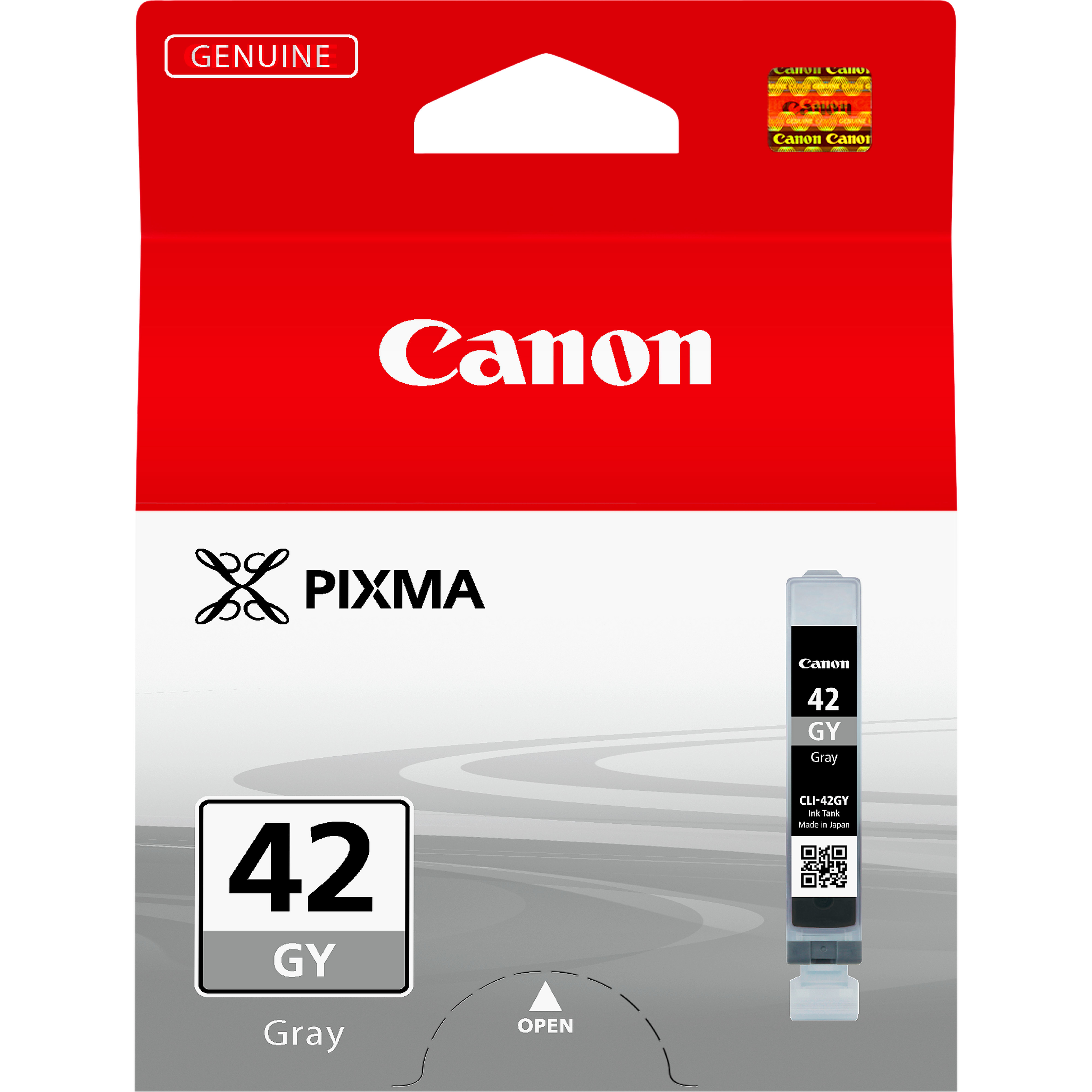 Cartucho de tinta gris Canon 42 GY. Embalaje rojo y blanco con la marca y la etiqueta Canon.