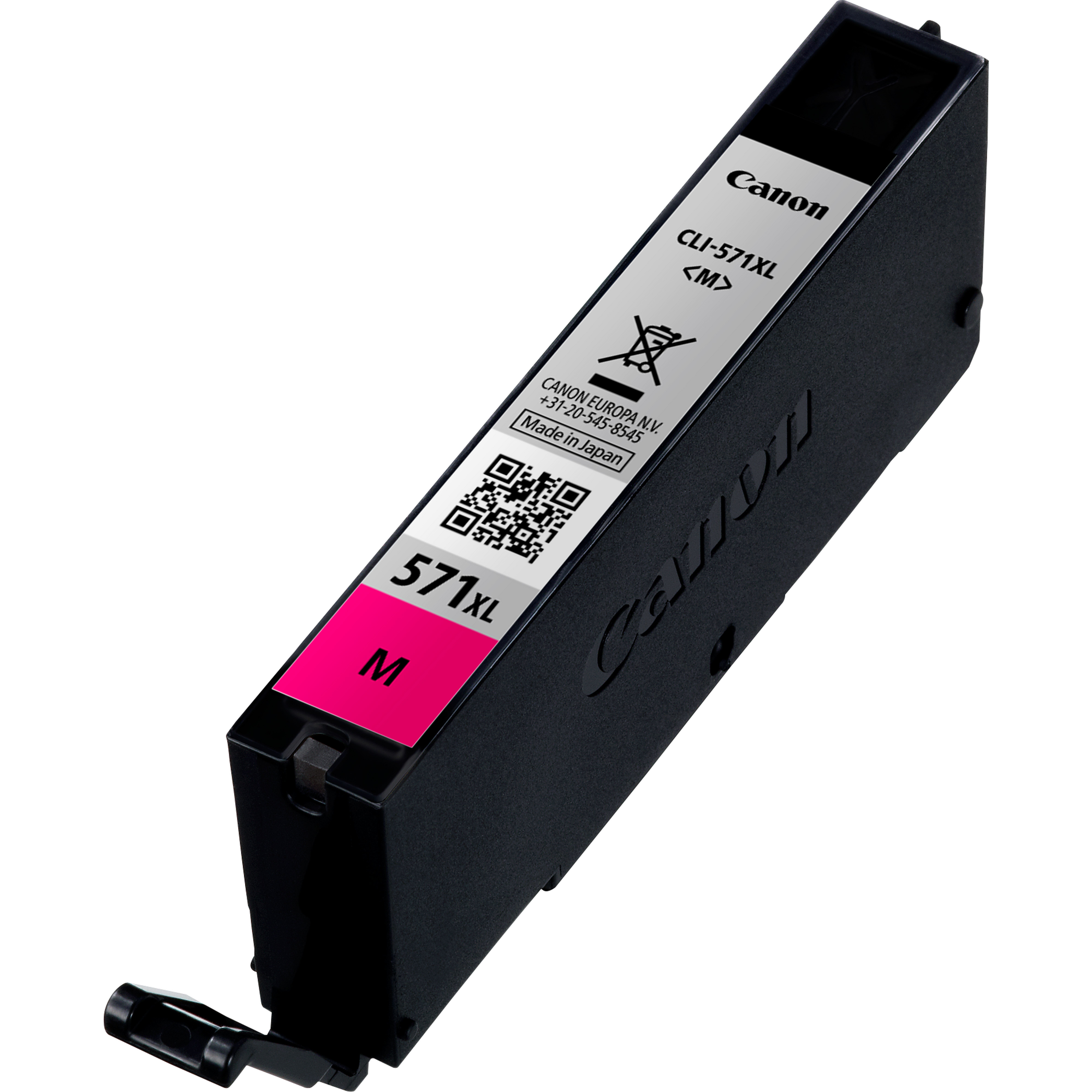 Zwarte Canon inktcartridge, roze label, tekst en QR-code. Gemaakt in Japan.