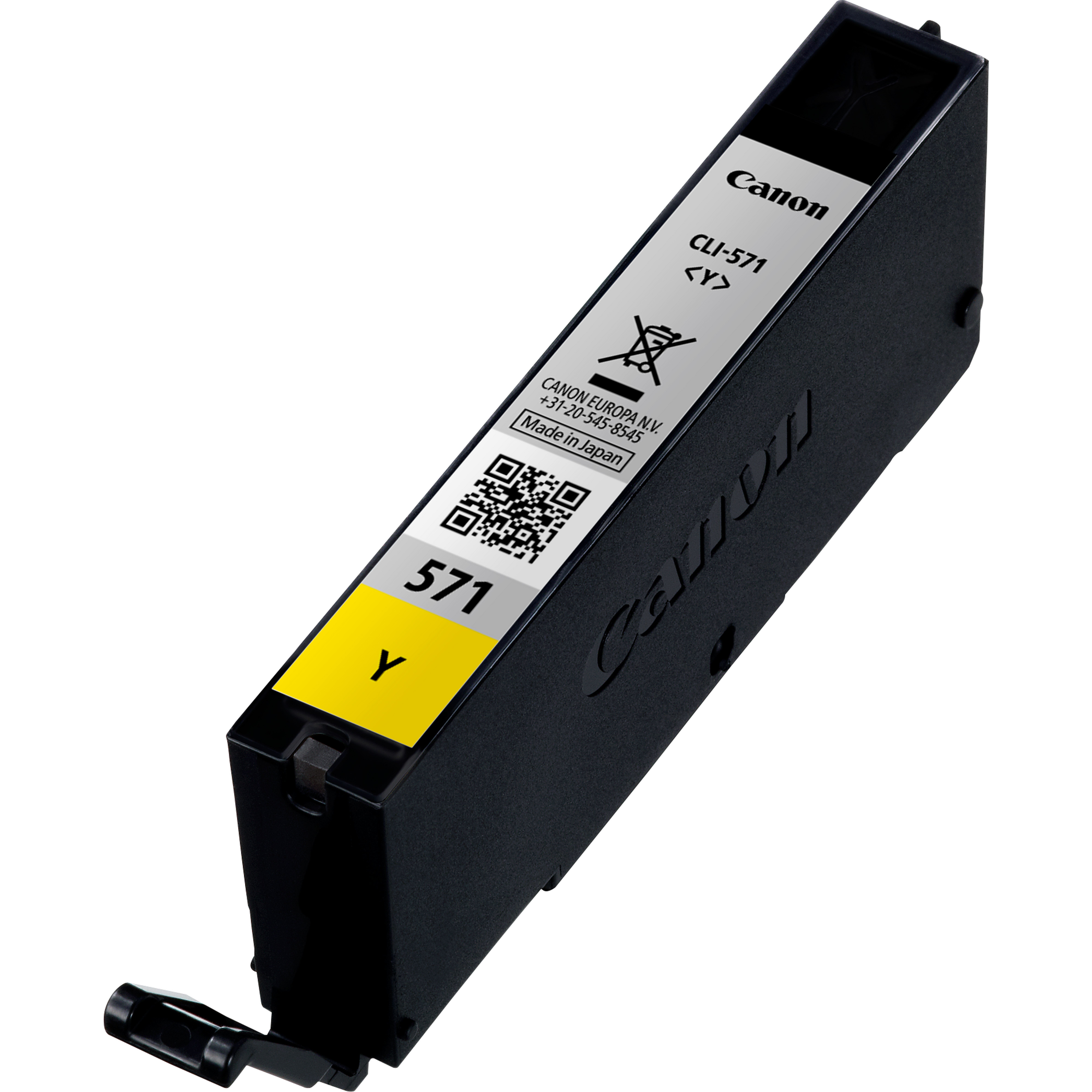 Canon gele inktcartridge. Zwarte behuizing met gele inkt zichtbaar. Bevat waarschuwingslabels.