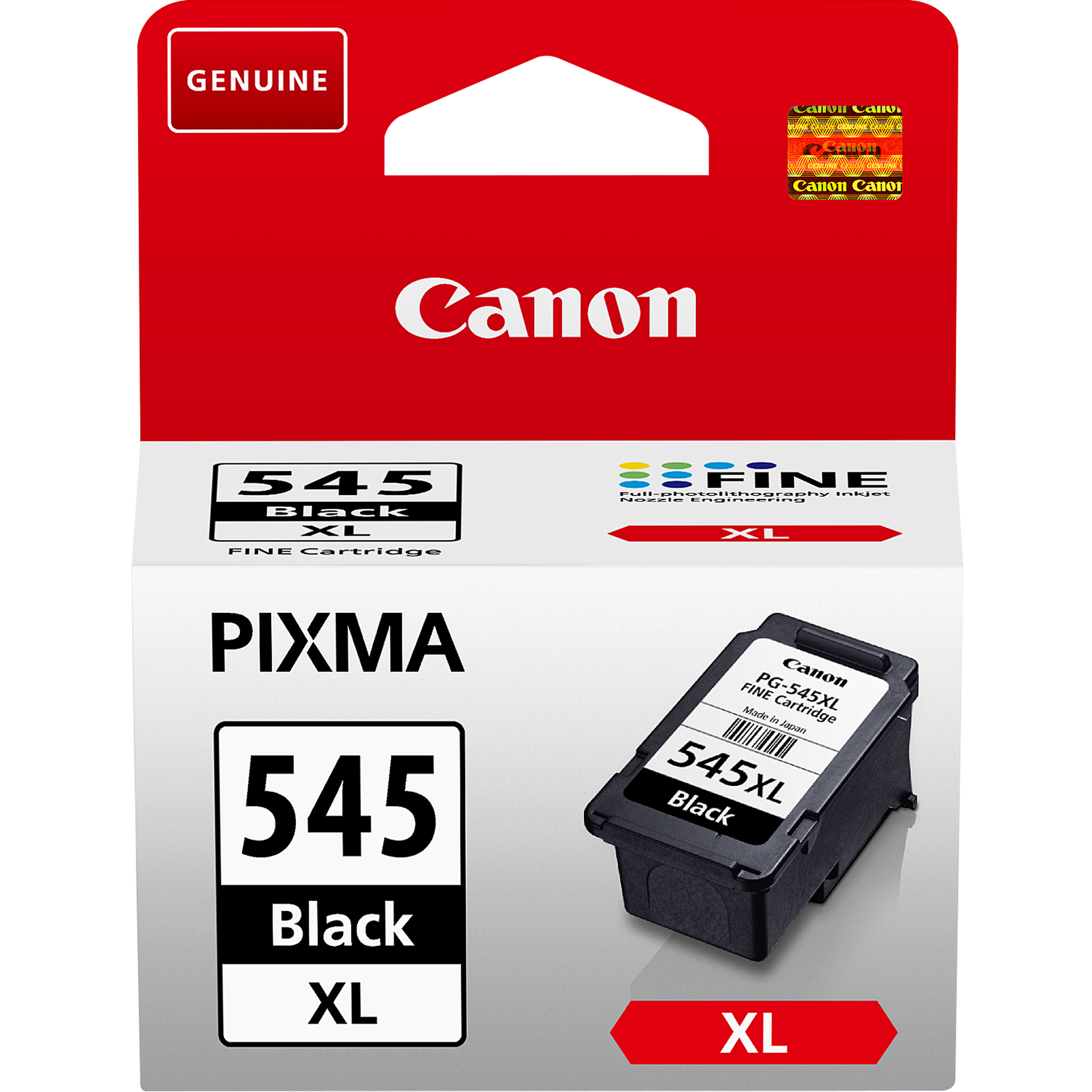 Canon 545XL siyah mürekkep kartuşu ambalajında, beyaz ve kırmızı tasarım, beyaz arka plan.