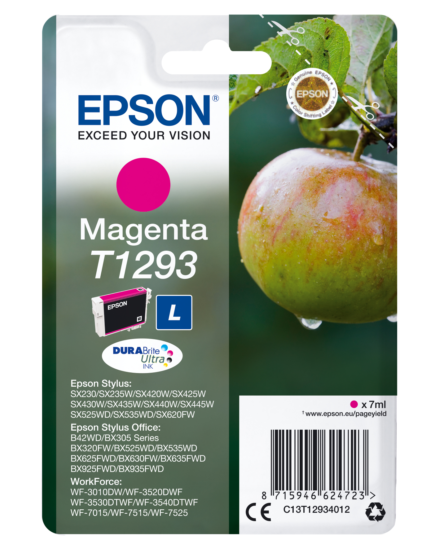 Une cartouche d'encre magenta avec les détails du produit, une pomme à droite et une étiquette avec la marque Epson.