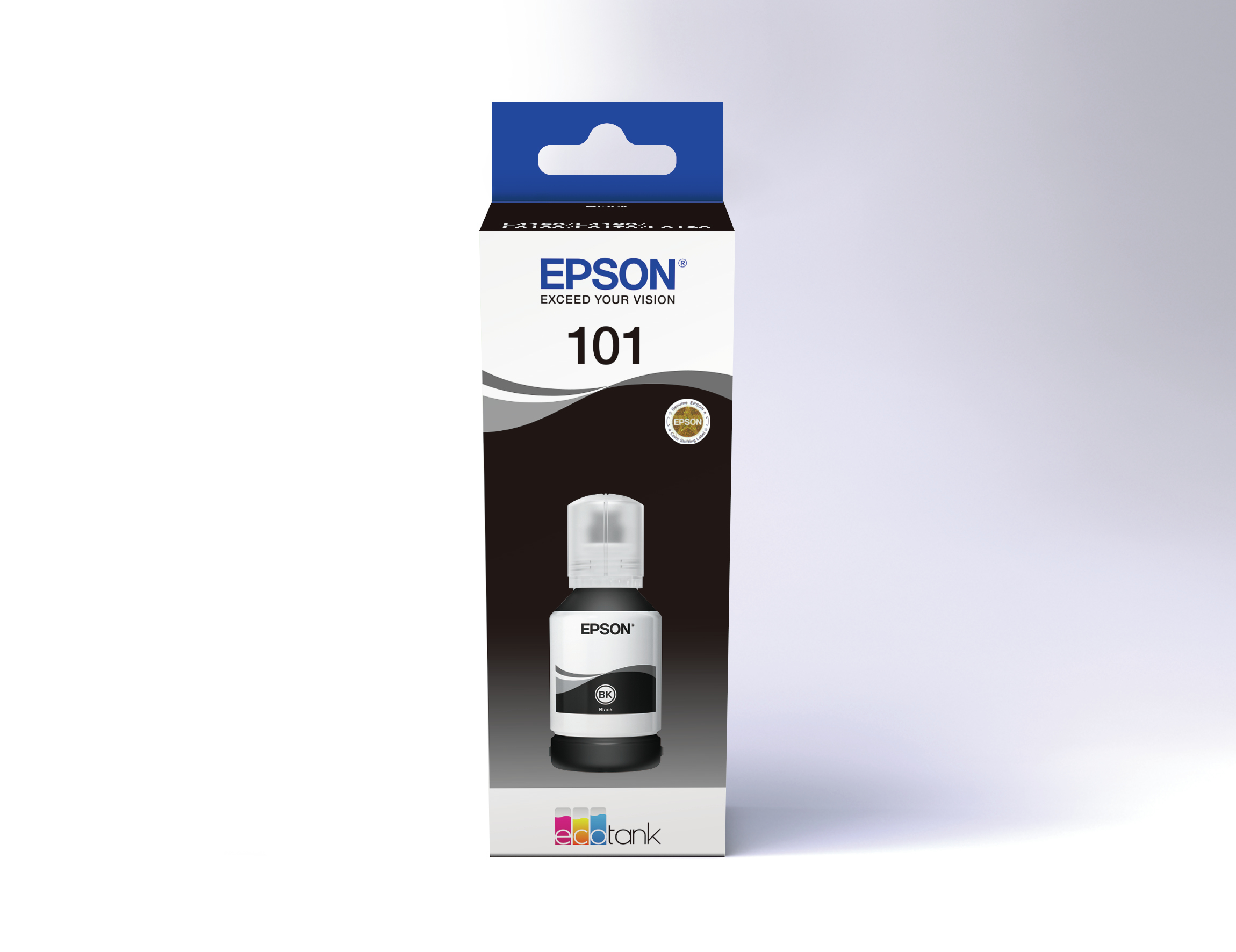 Botella de tinta Epson en caja, etiquetada '101' en negro.