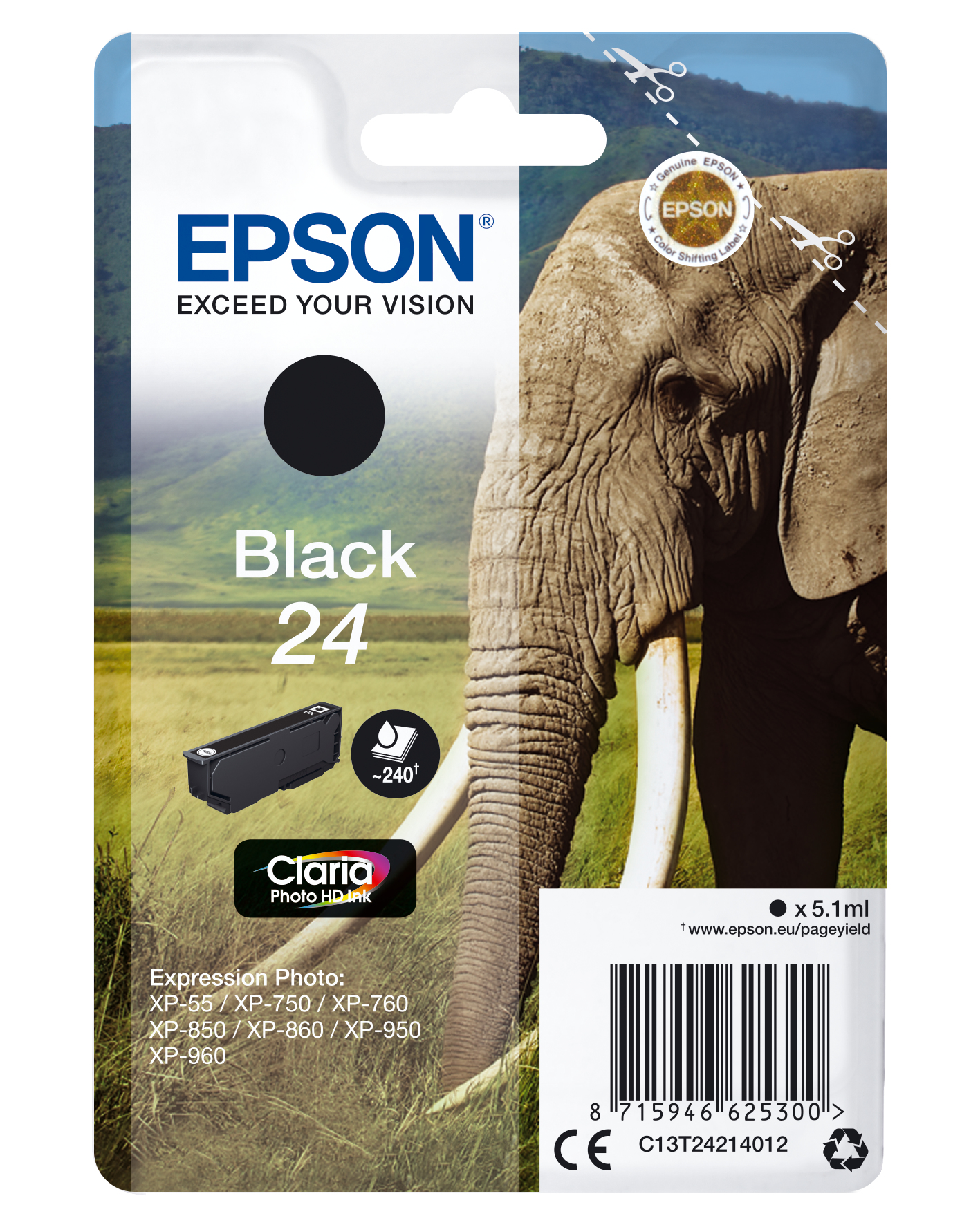 Epson Tintenpatronenpackung. Schwarze Tinte, das Bild zeigt einen Elefanten.