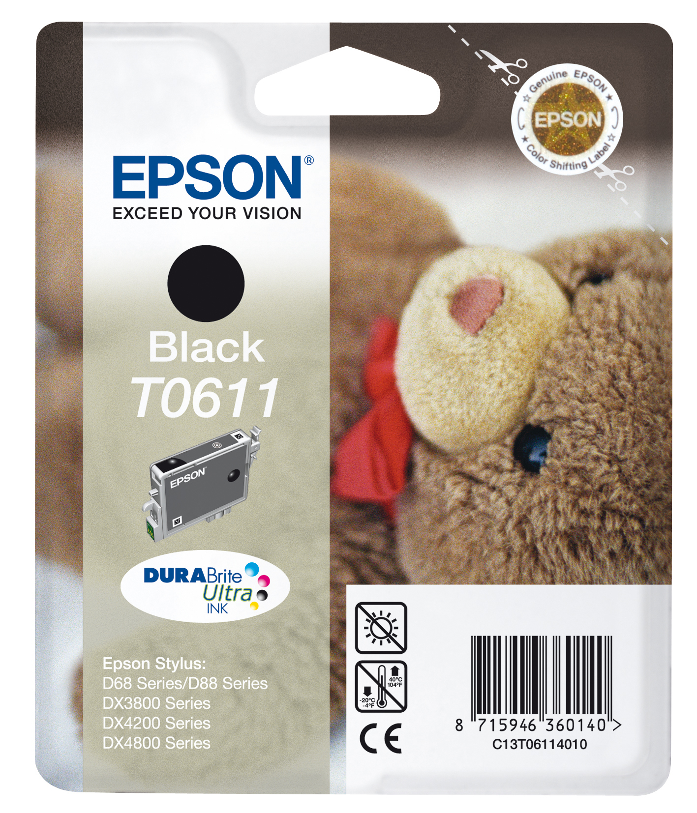 Epson schwarze Tintenpatronenverpackung. Enthält die Tintenpatrone und eine Teddybär-Illustration.