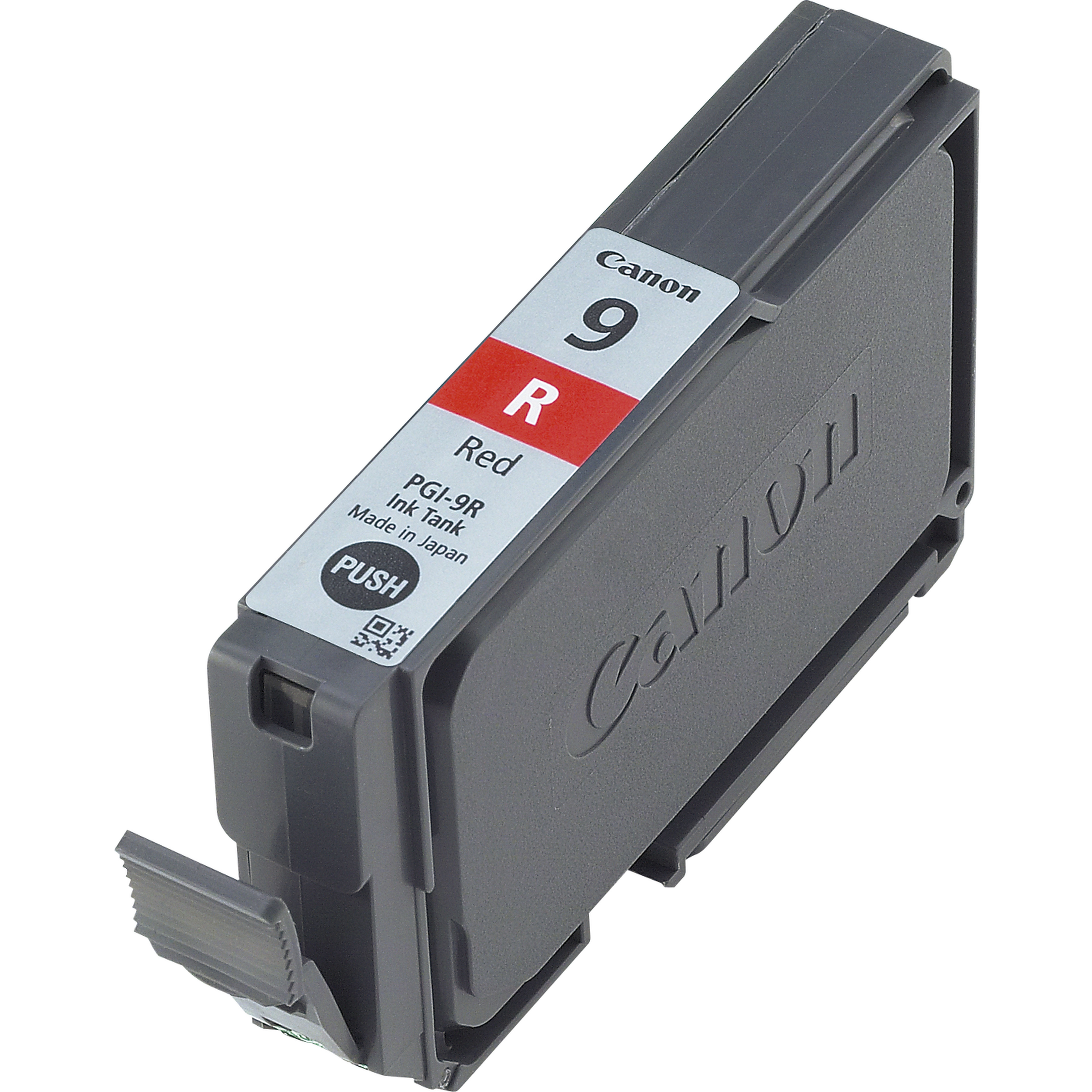 Een Canon rode inktcartridge met de tekst 'PGI-9R Red Ink Tank' en een duwlipje.