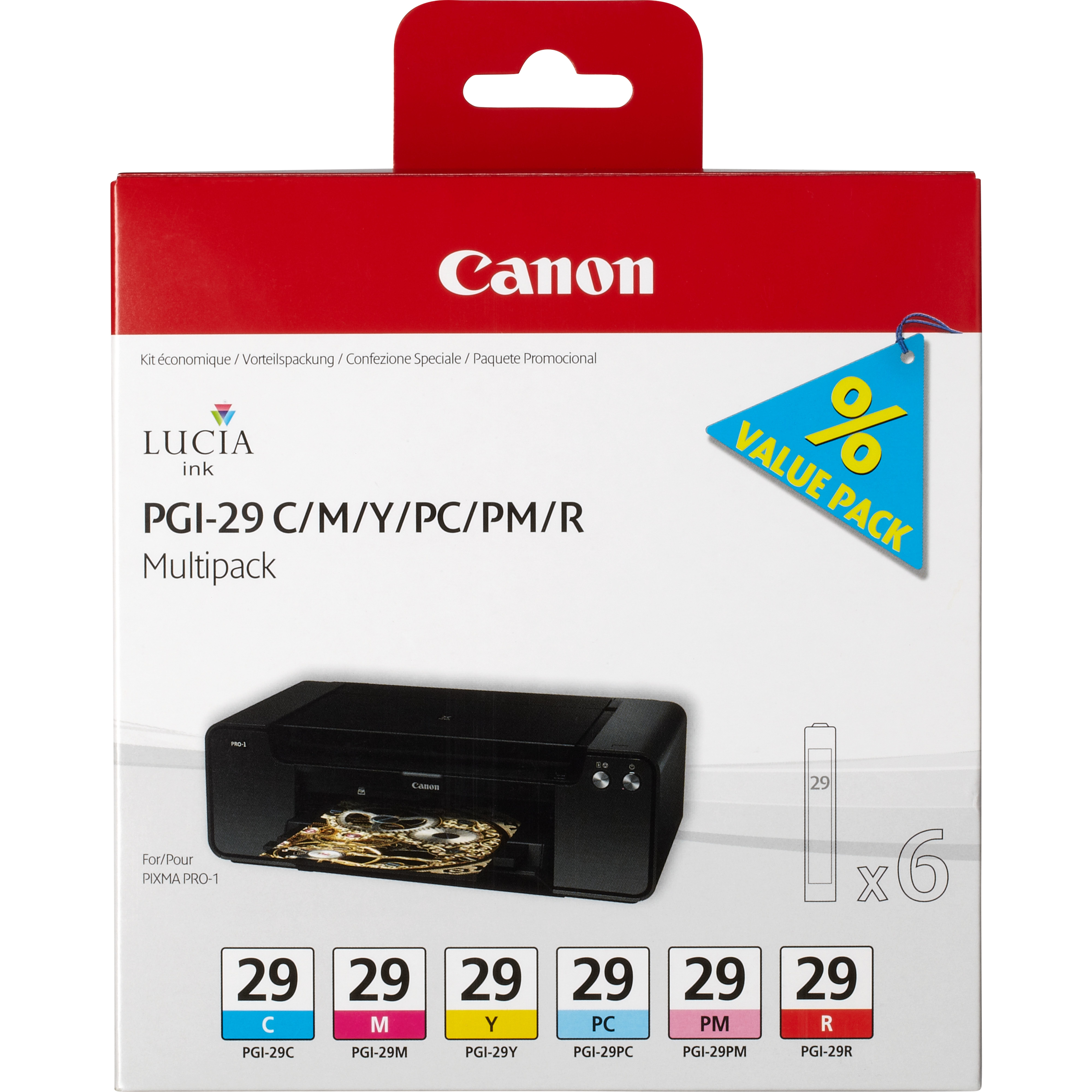 Canon inktcartridge multipack met 6 cartridges. Bevat C, M, Y, PC, PM en R inktcartridges.