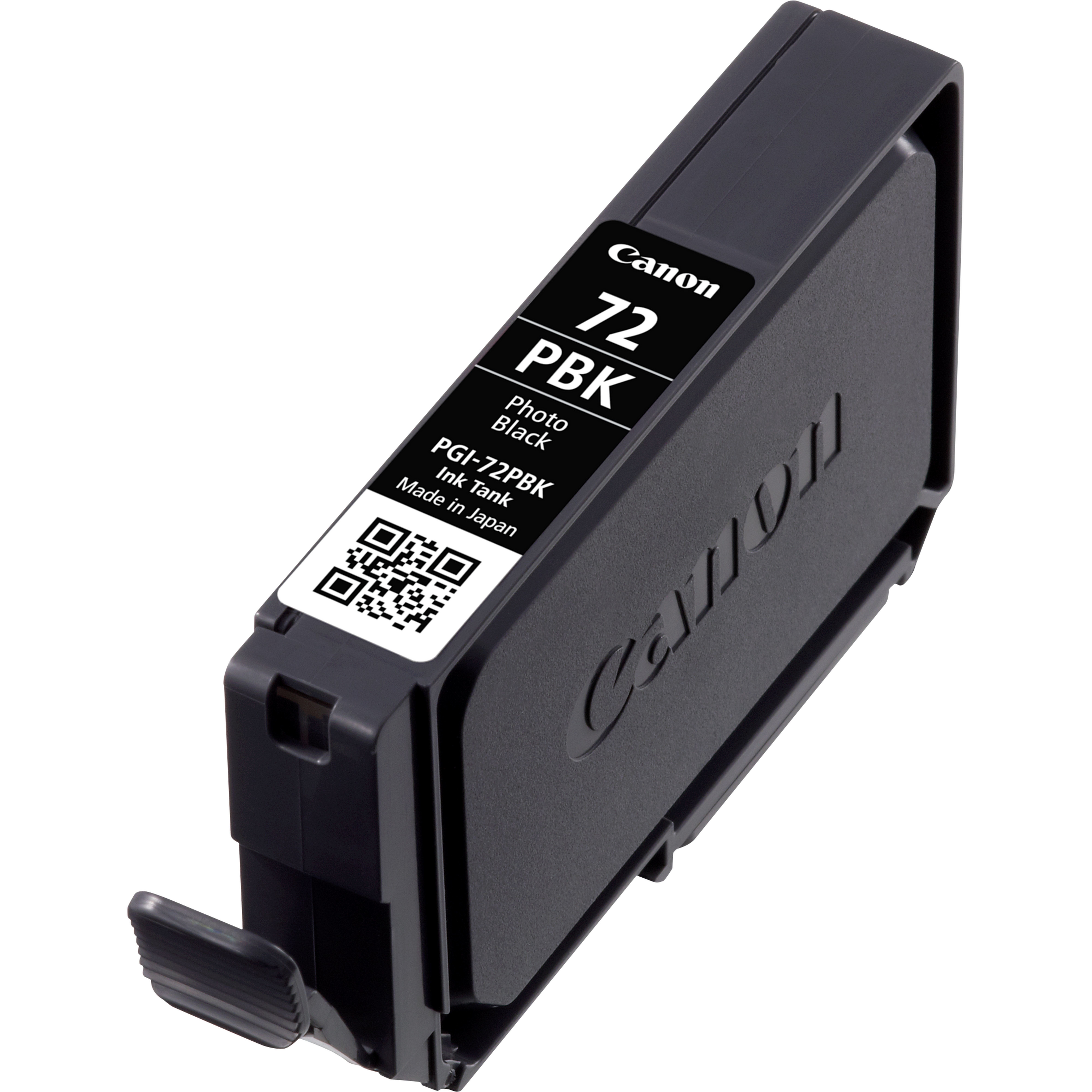 Siyah bir Canon mürekkep kartuşu. PGI-72PBK, Fotoğraf Siyahı olarak etiketlenmiş. Bir QR kodu ve Canon logosu içerir.