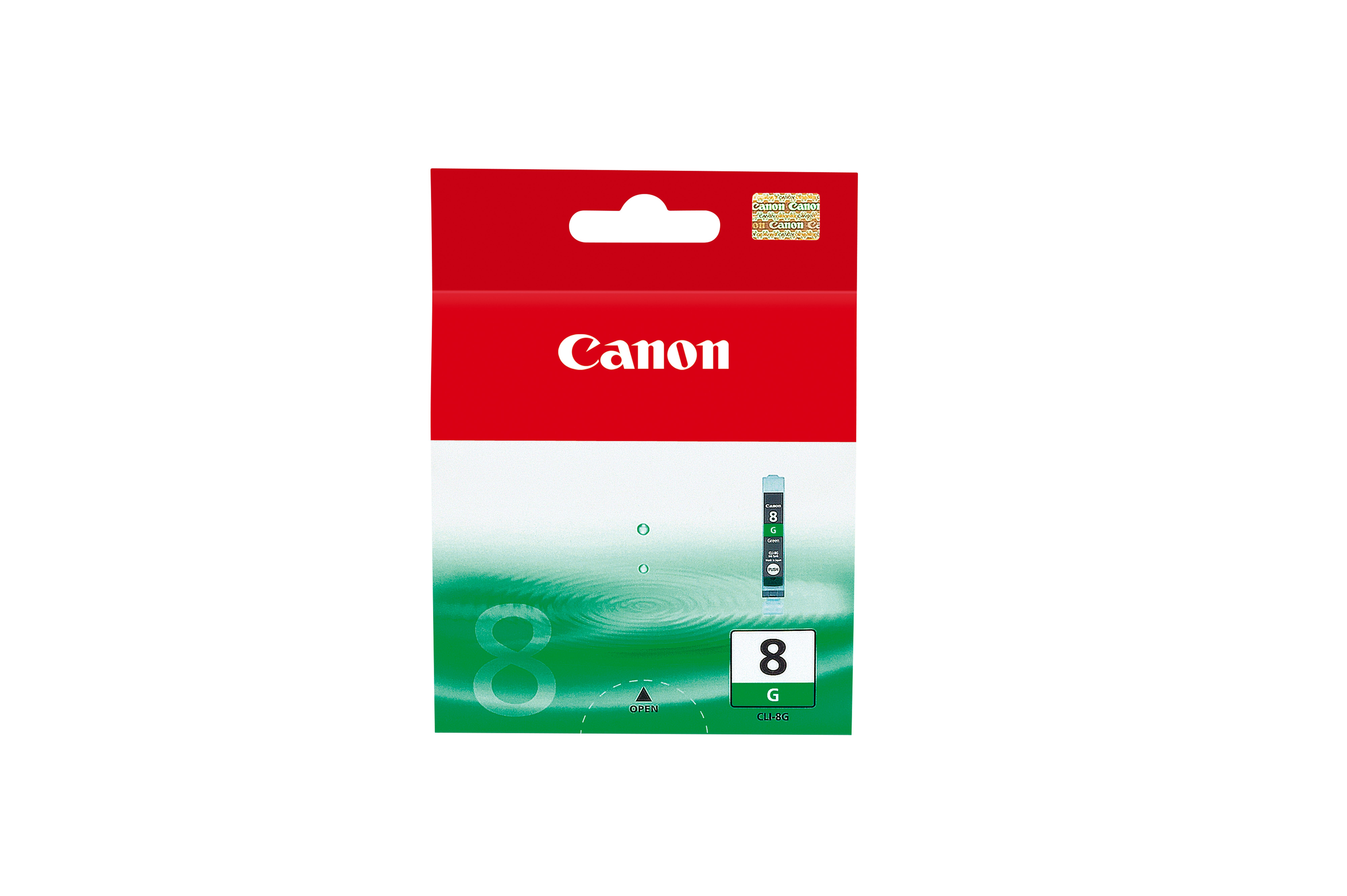 Canon inktcartridge verpakking in rood. Voorzien van een groen waterspatontwerp.