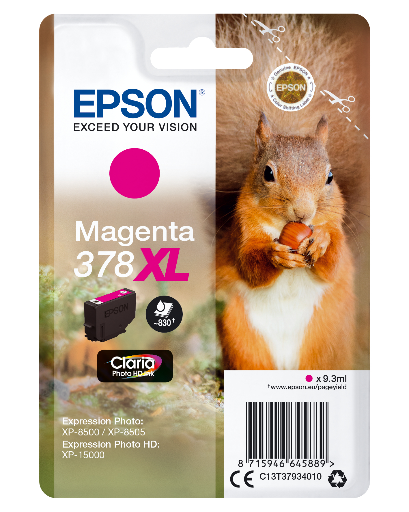 Epson magenta inktcartridge verpakking. De verpakking heeft een eekhoorn met een noot.