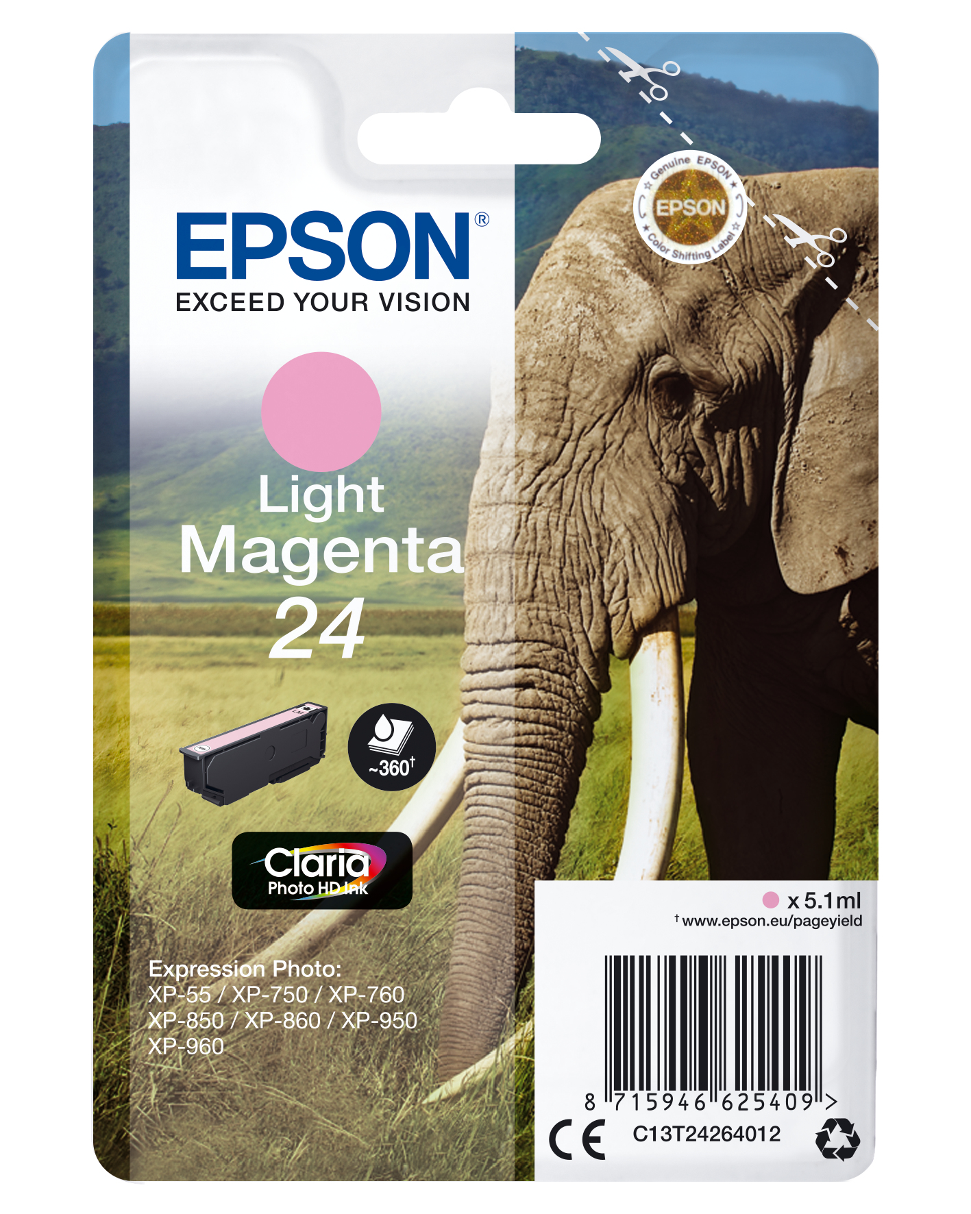 Epson inktcartridge verpakking, roze en wit, met een roze inktcartridge en een olifantenafbeelding.