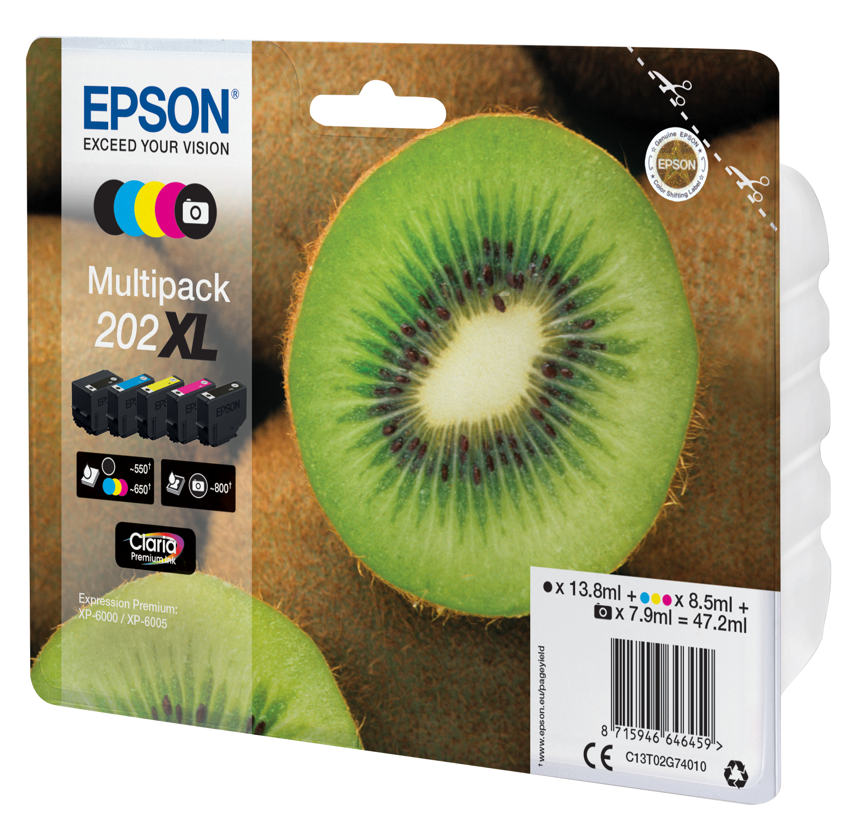 Multipack d'encre Epson, avec un kiwi et des cartouches d'encre.