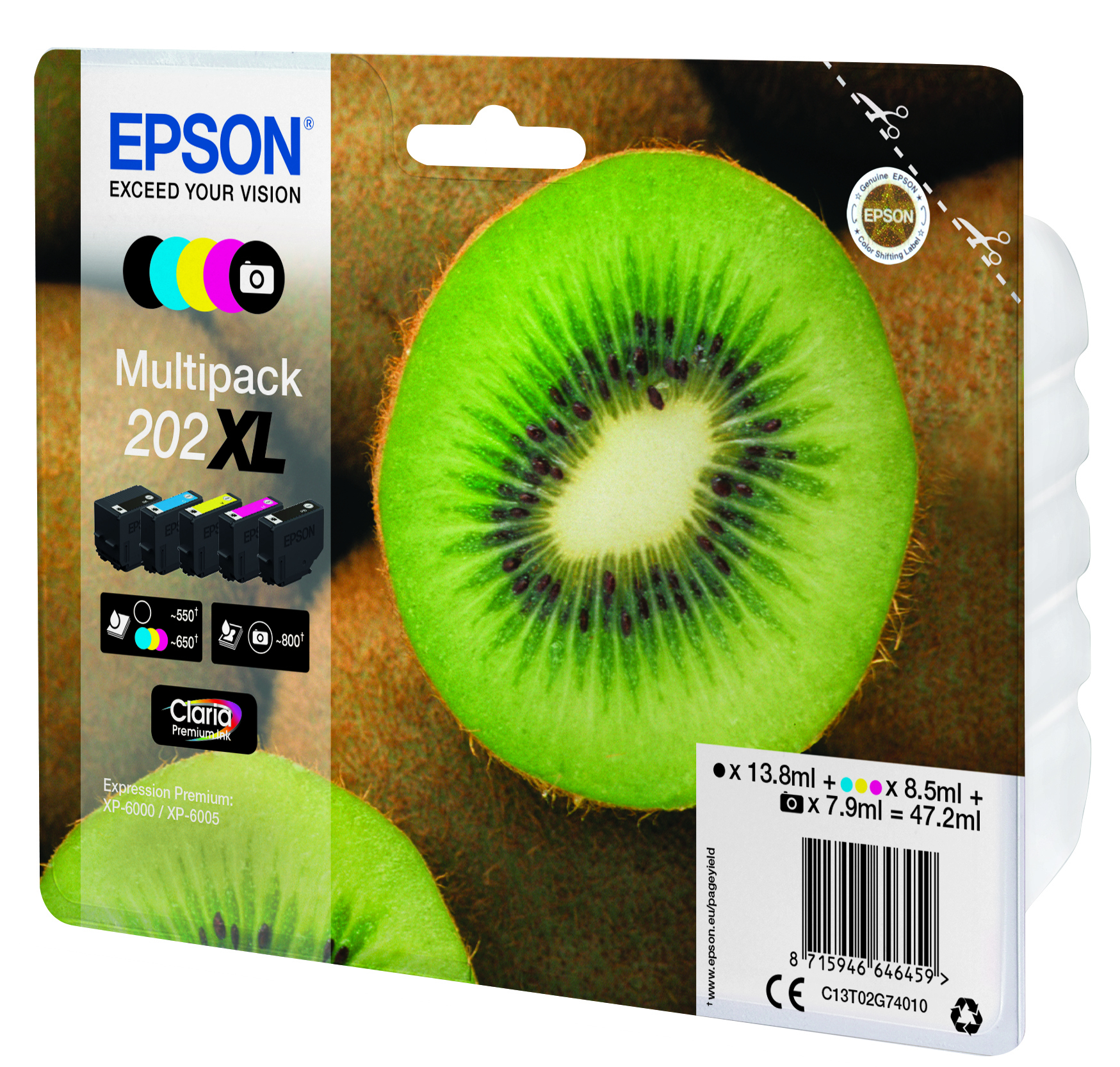 Pack de cartouches d'encre Epson avec kiwi et texte, montrant les couleurs et le volume d'encre.