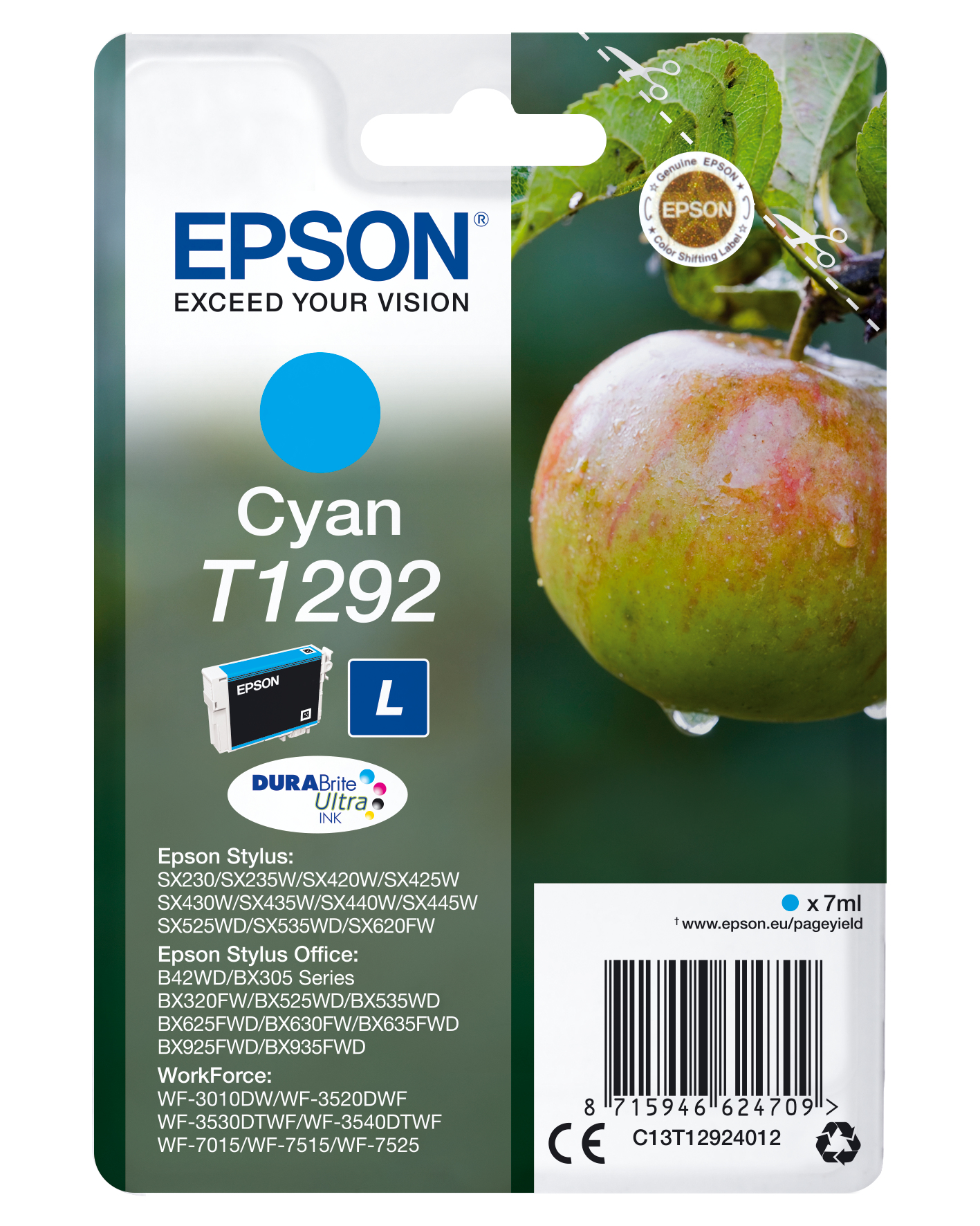 Epson cyaan inktcartridge met appelafbeelding. De appel is groen en rood, met waterdruppels en een groene achtergrond.