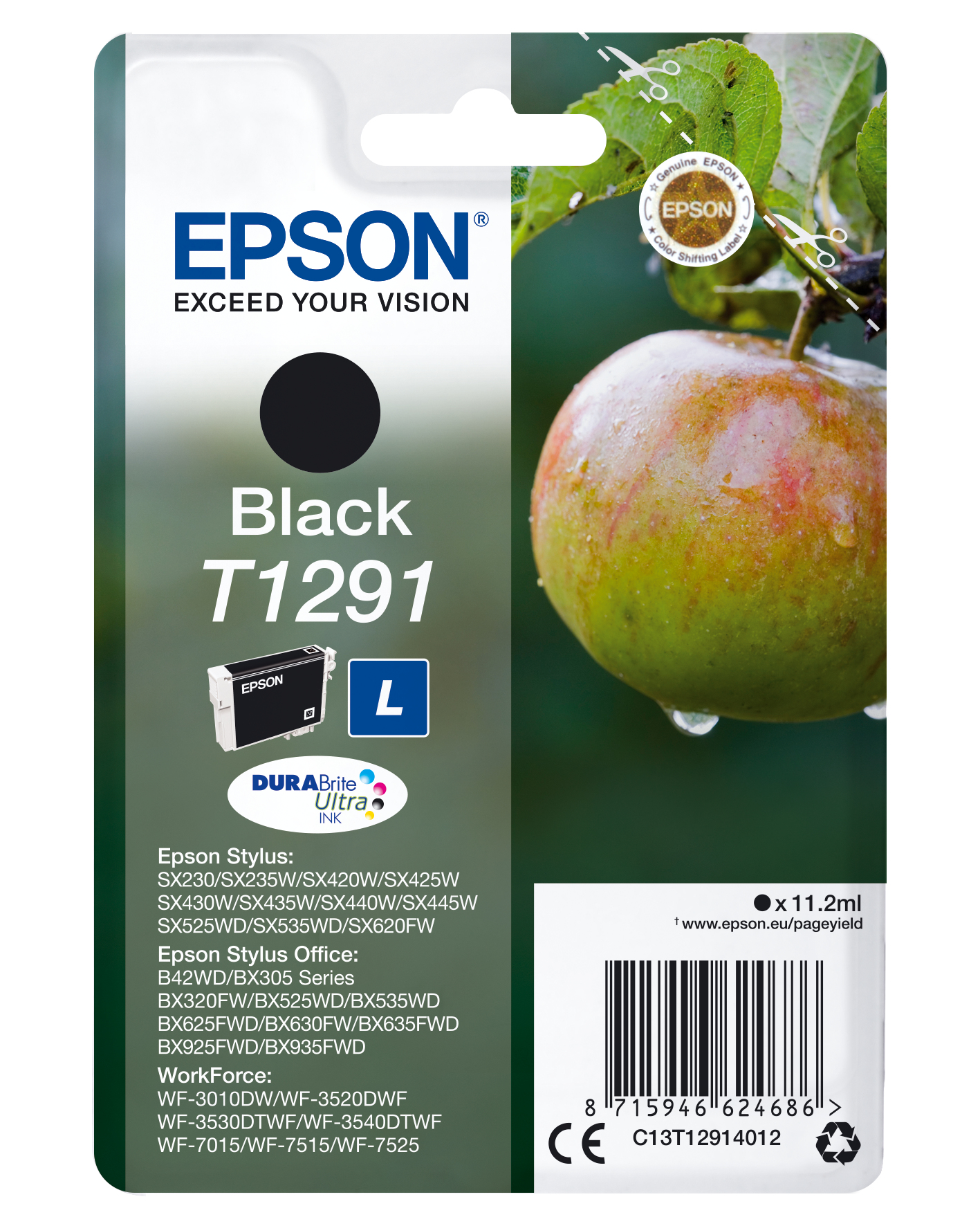 An Epson black ink cartridge, T1291, with an apple and leaf image on the right.