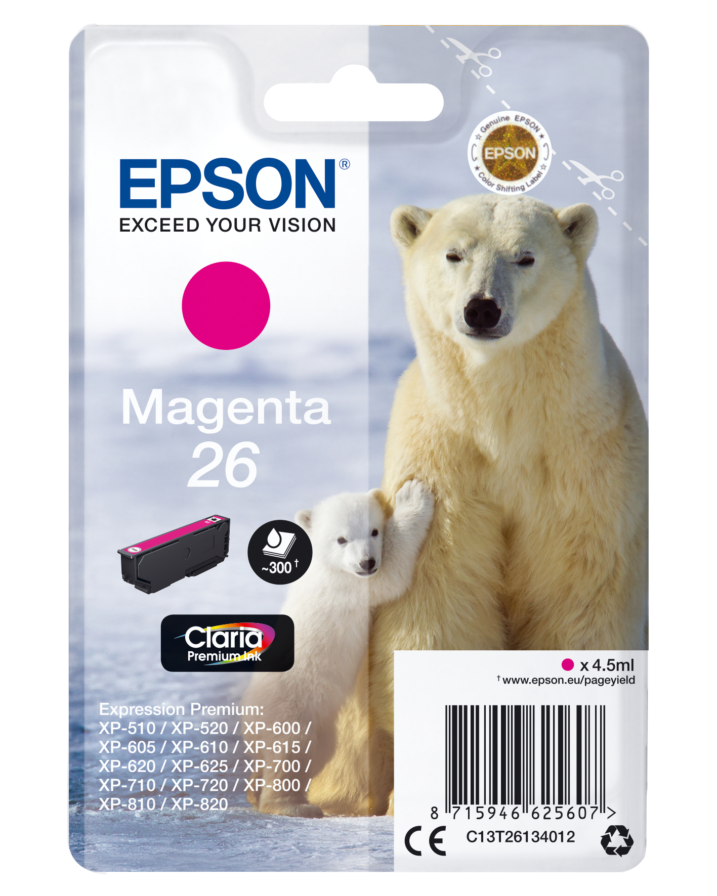Opakowanie wkładu atramentowego Epson w kolorze magenta z obrazem niedźwiedzia polarnego i młodego.