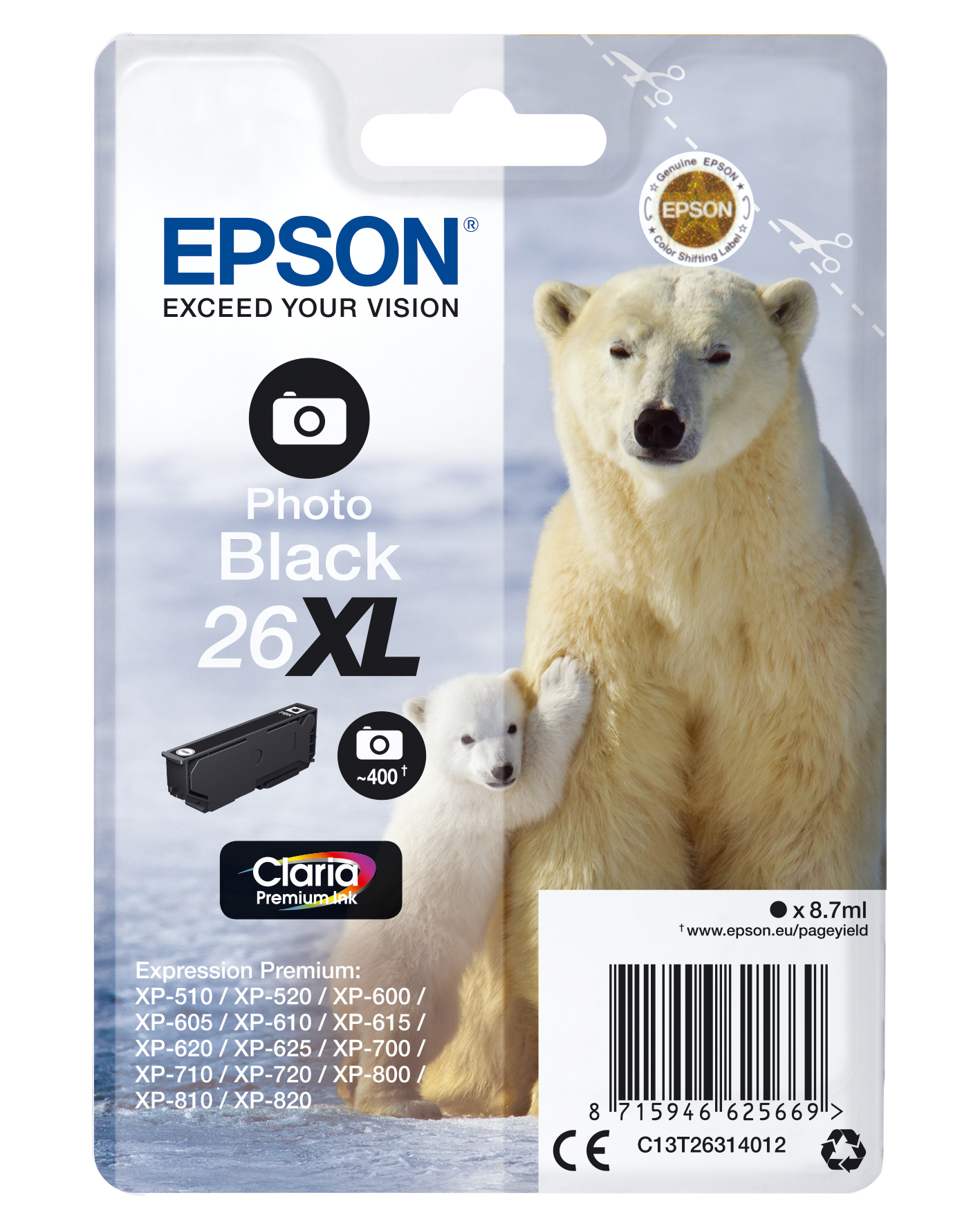 Paquete de cartuchos de tinta Epson con un oso polar y su cachorro en un fondo nevado.