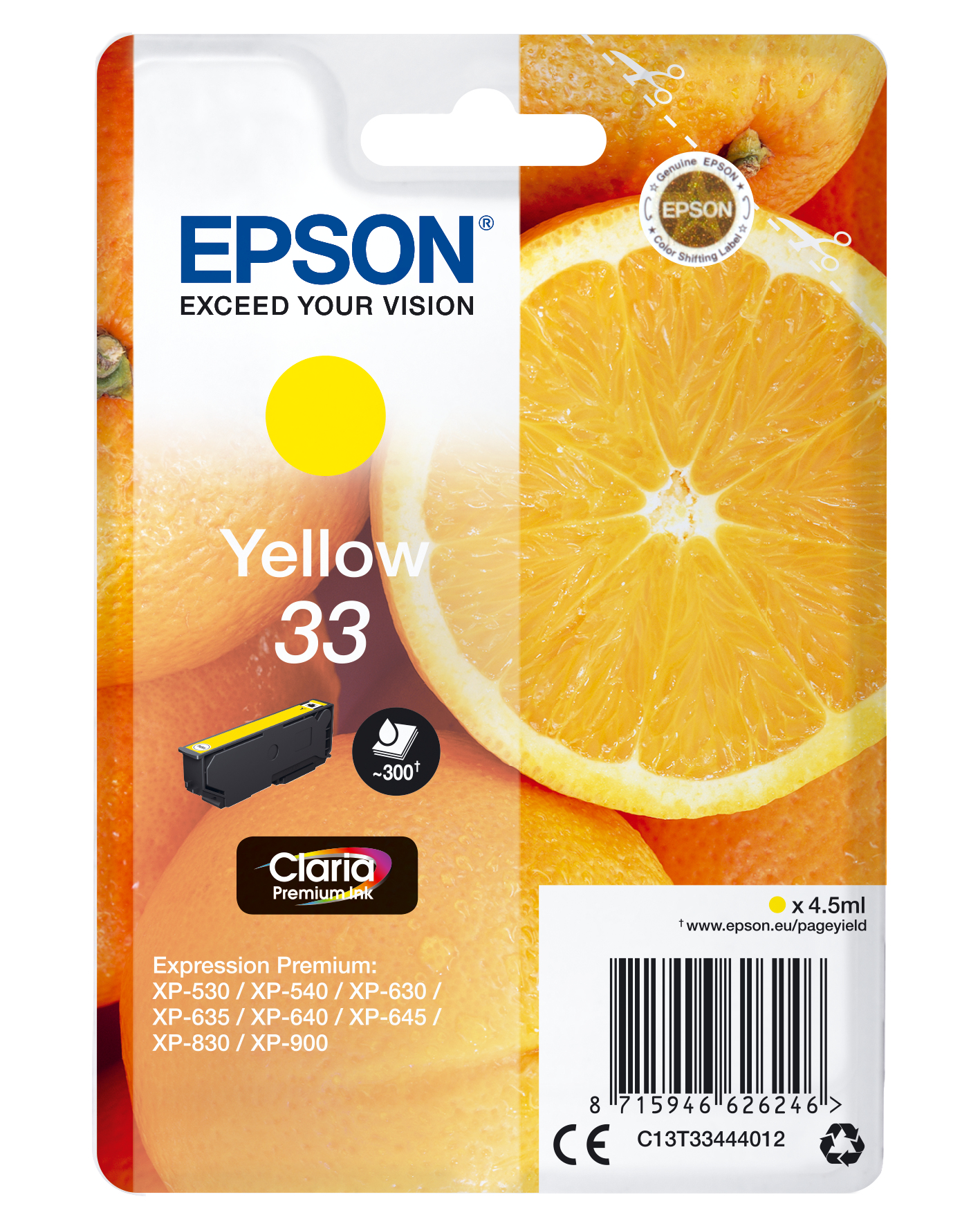 Emballage de cartouche d'encre jaune Epson, avec des oranges en arrière-plan.