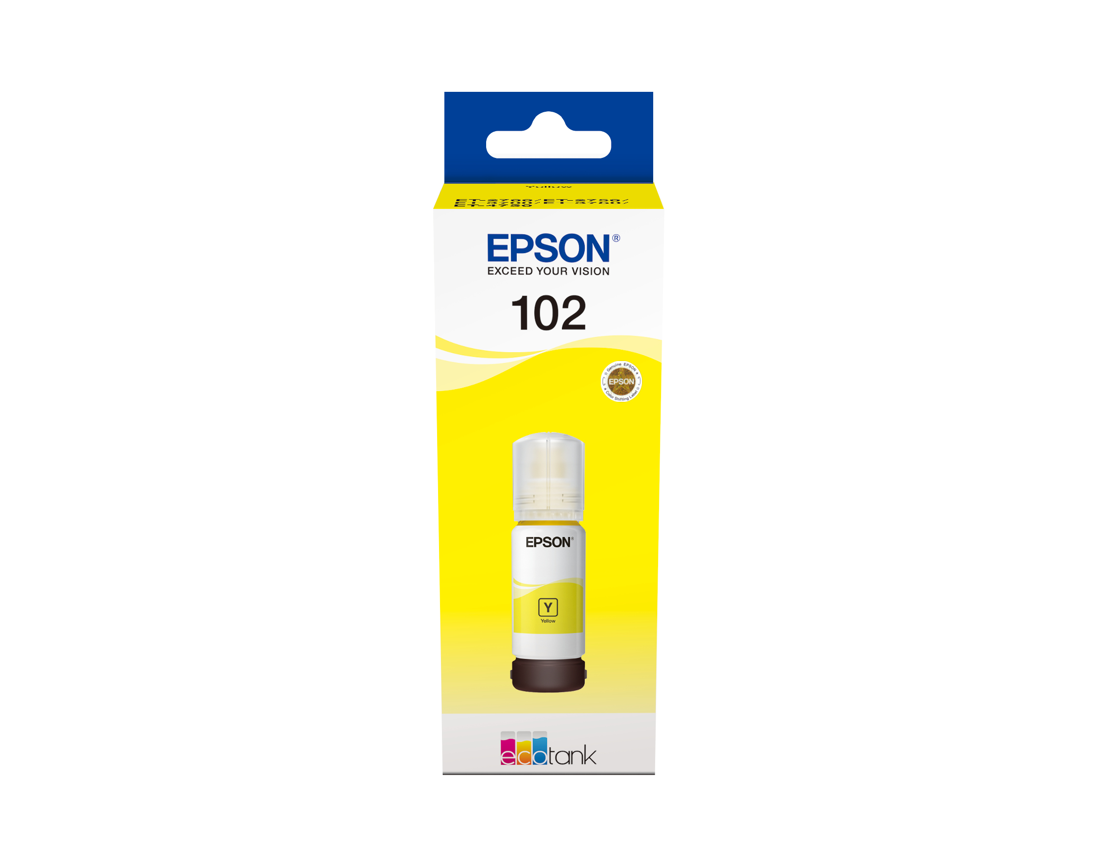 Una bottiglia di inchiostro Epson gialla con un'etichetta bianca. L'etichetta riporta "102" e il logo Epson.