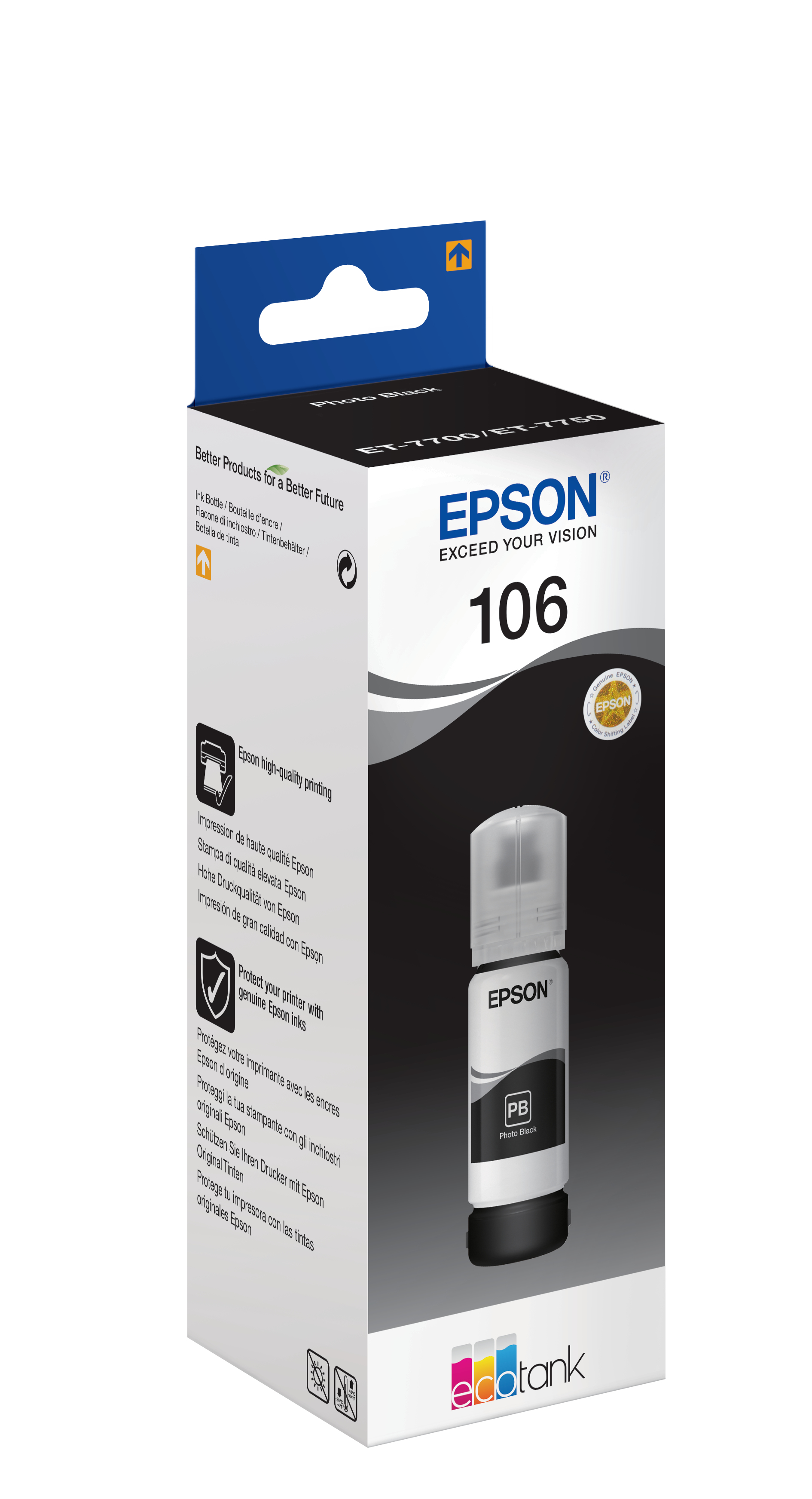 Botella de tinta y caja Epson. La caja es blanca, azul y negra.