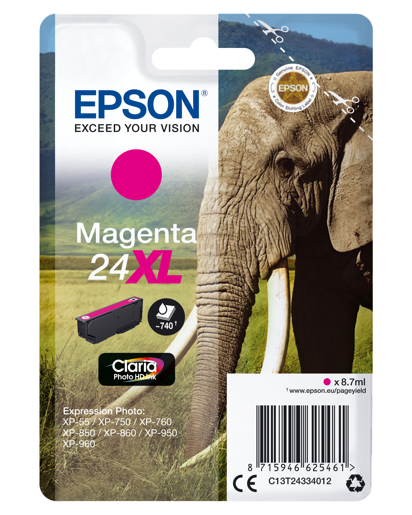 Embalaje de cartucho de tinta magenta Epson con imagen de elefante y texto.