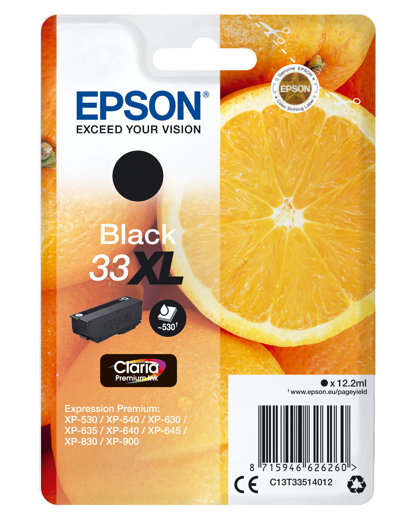 An Epson ink cartridge package with a black ink cartridge and orange background.