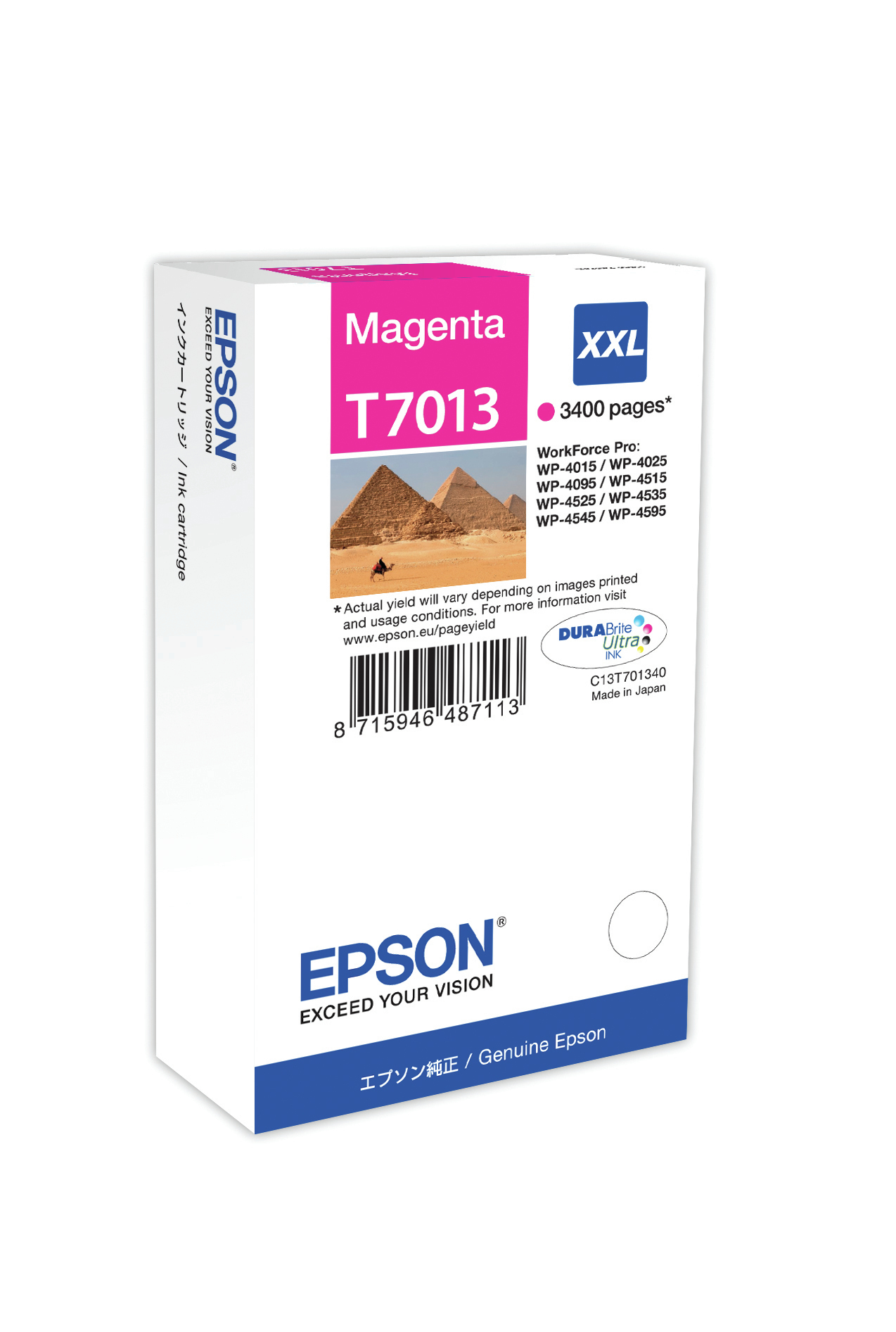 Boîte de cartouche d'encre Epson XXL magenta, avec image de pyramides.