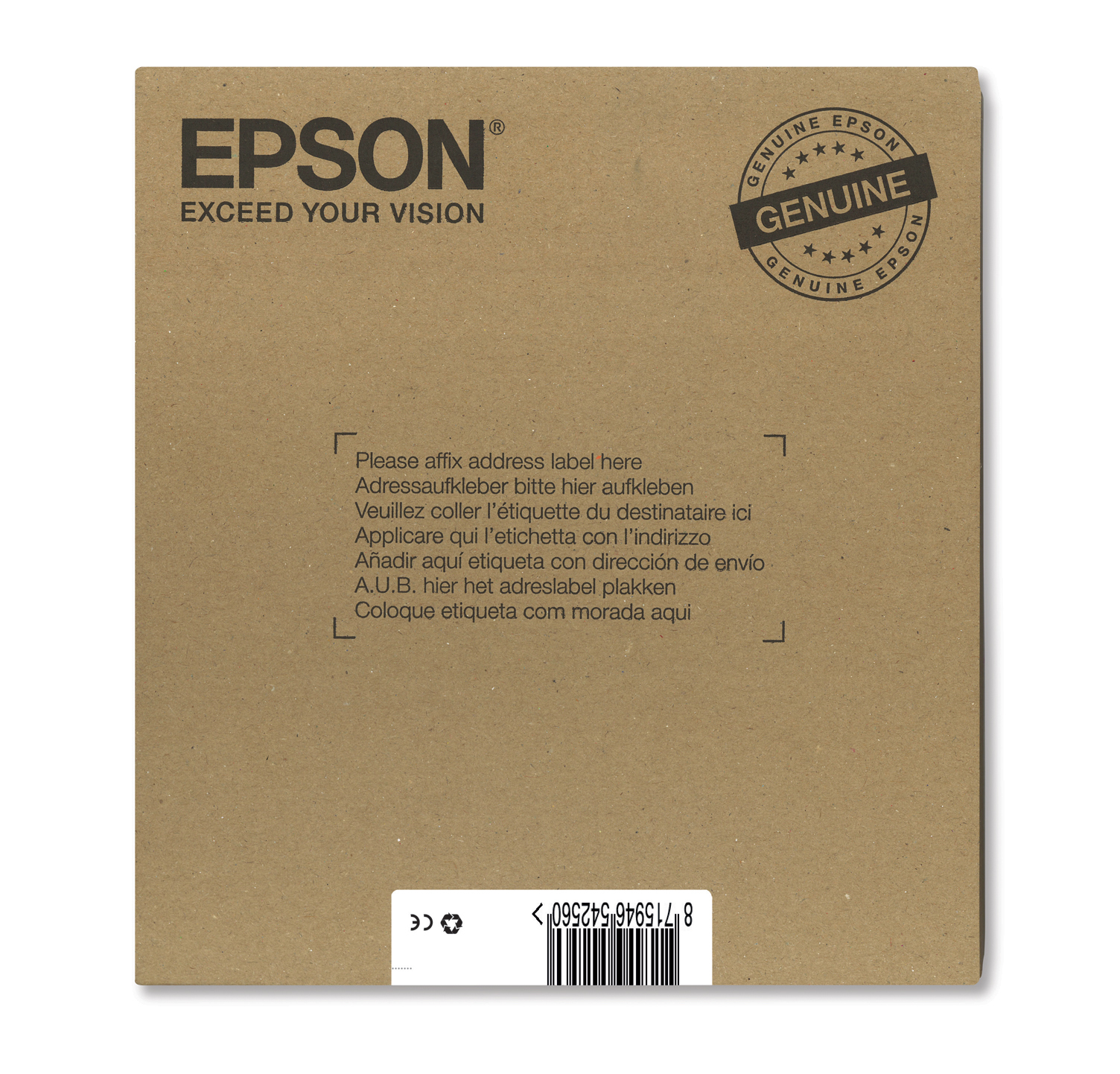 Brązowy karton z tekstem. Logo Epson i pieczątka z napisem 'Genuine'. Tekst na odwrocie wskazuje miejsce na etykiety adresowe.
