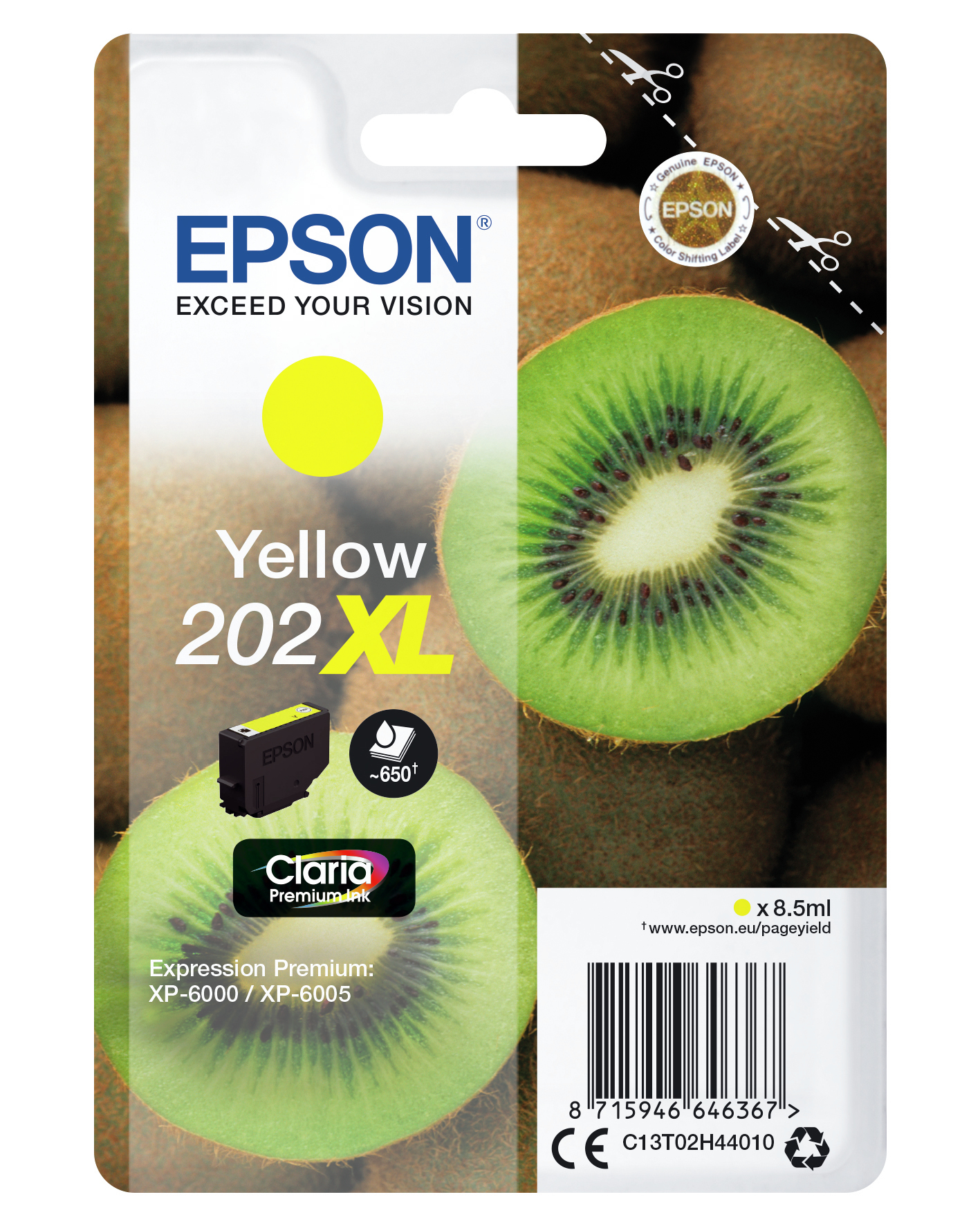 Żółty wkład atramentowy Epson i połówka kiwi. Tekst: 'Yellow 202 XL'. Logo Epson i Claria Premium Ink.