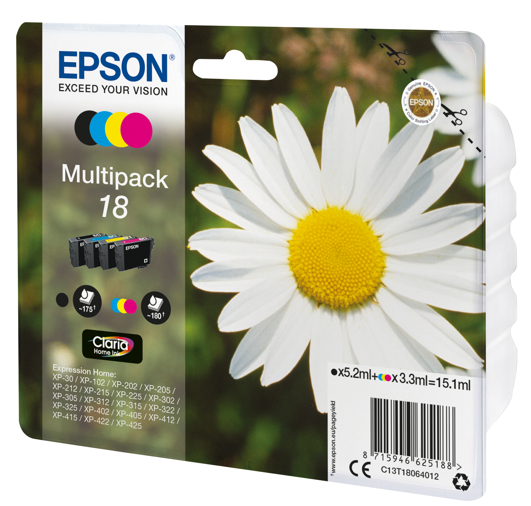Un paquet de cartouches d'encre Epson avec des images de marguerites et les couleurs cyan, magenta, jaune et noir.