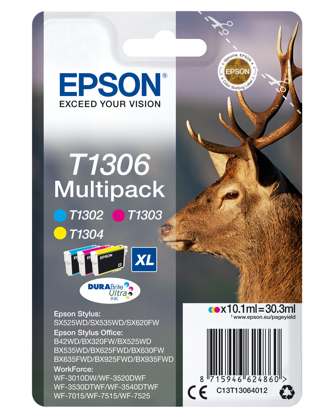 Epson ink cartridge multipack with four cartridges, and a deer image on the packaging.