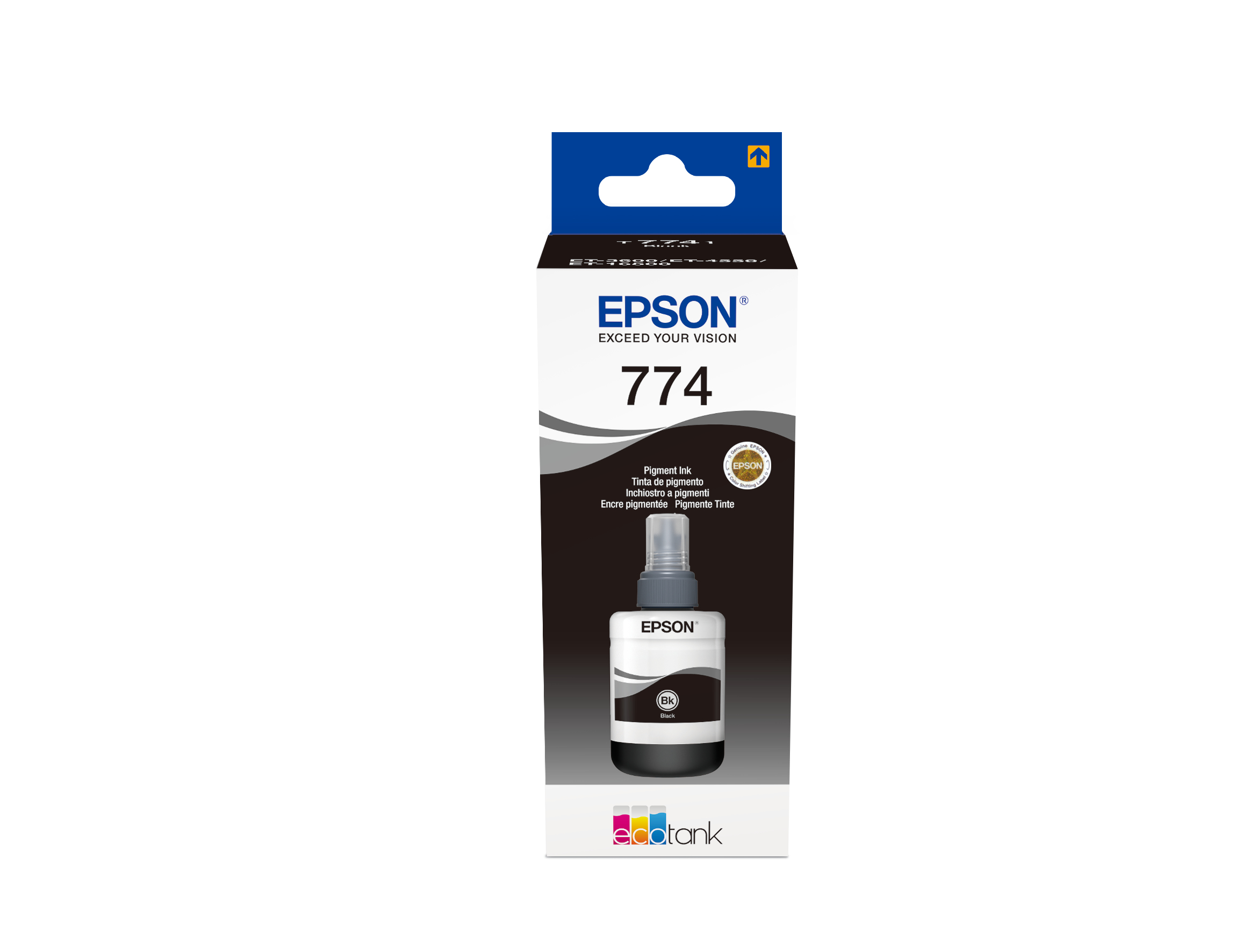 Butelka z czarnym tuszem Epson 774 w pudełku, z etykietą 'Epson'.