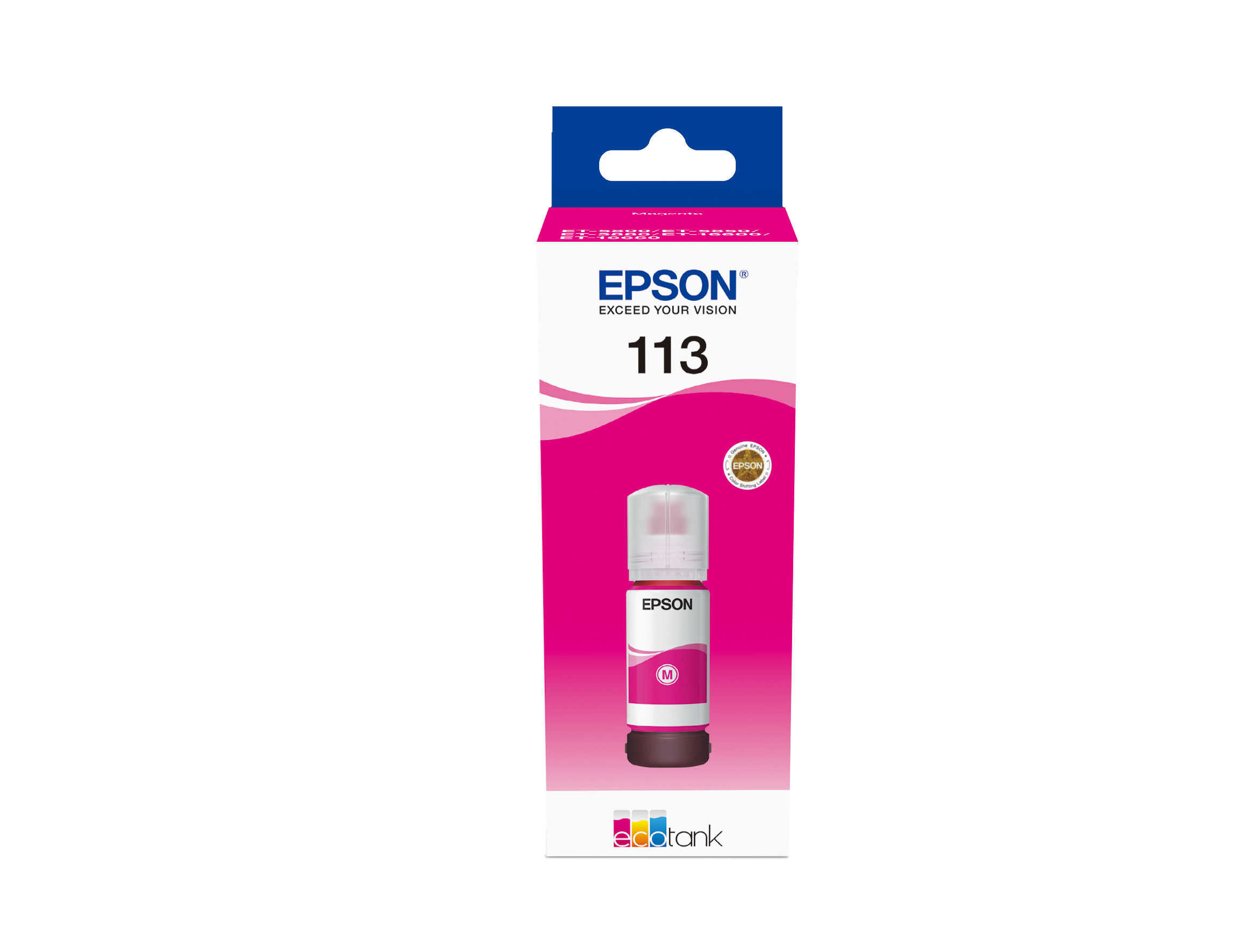 Botella de tinta magenta en una caja. La etiqueta dice 'Epson 113' y 'M'.