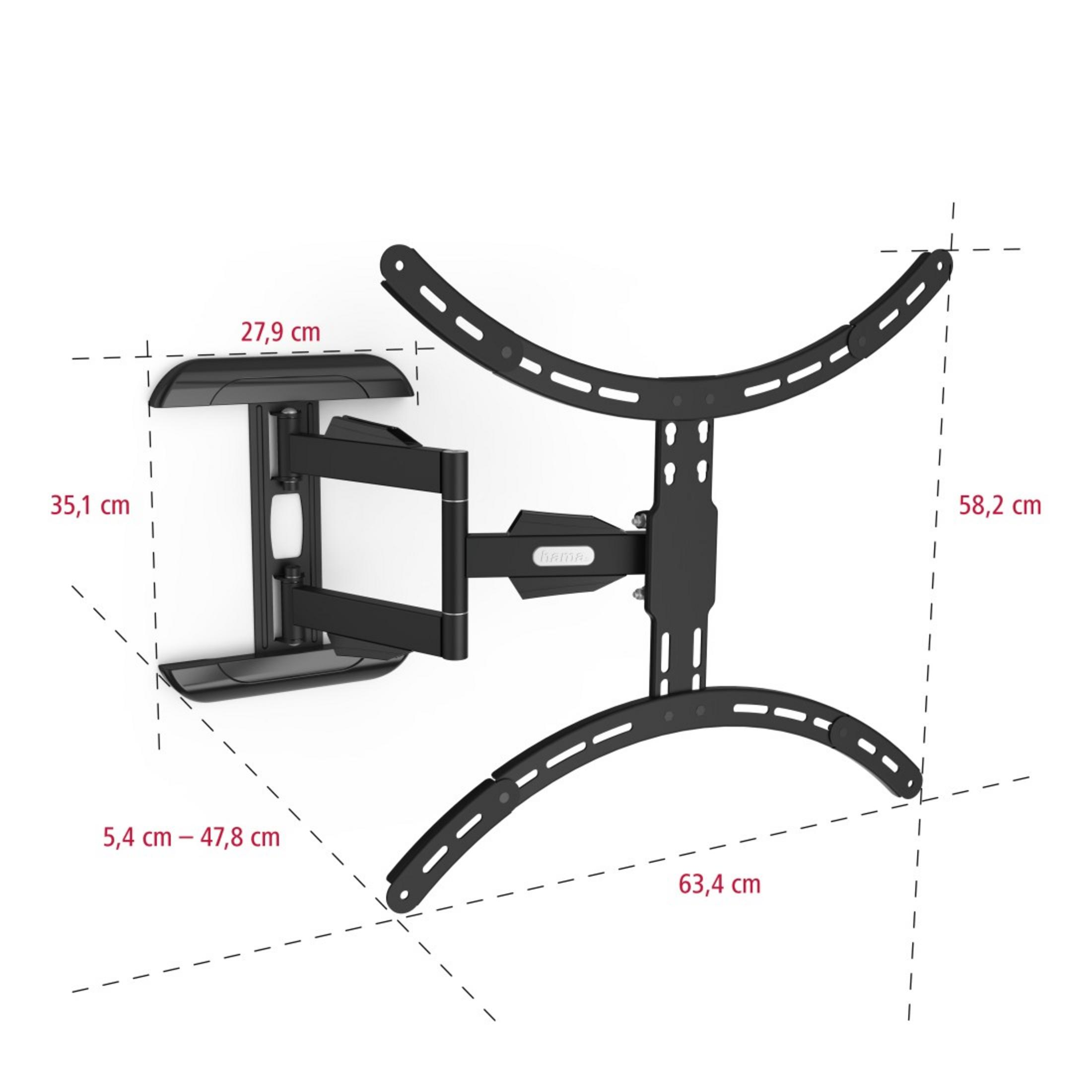 Soporte de pared para TV negro y plateado con dimensiones. Contra fondo blanco.