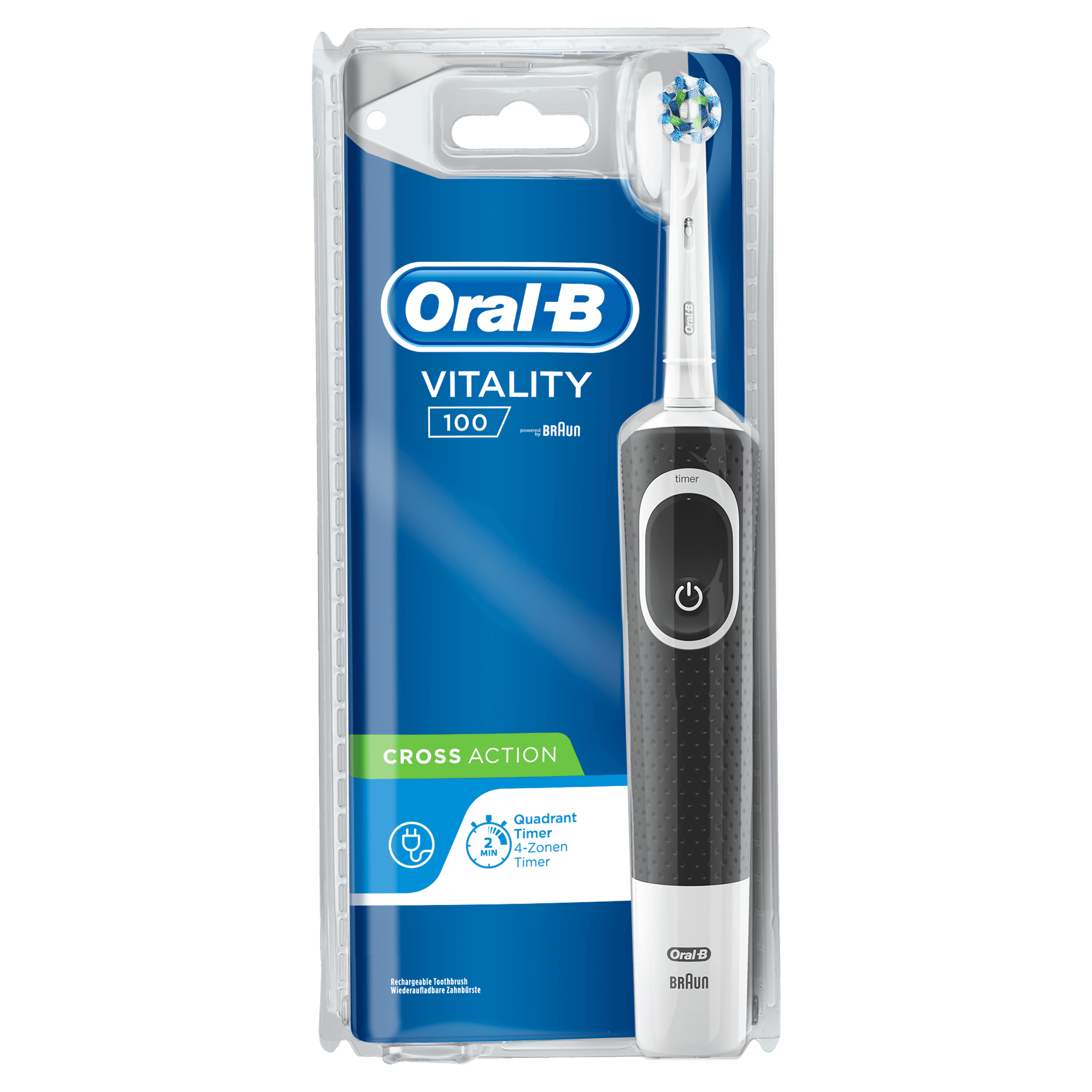 Spazzolino elettrico Oral-B Vitality 100. Confezione con spazzolino e dettagli del prodotto.