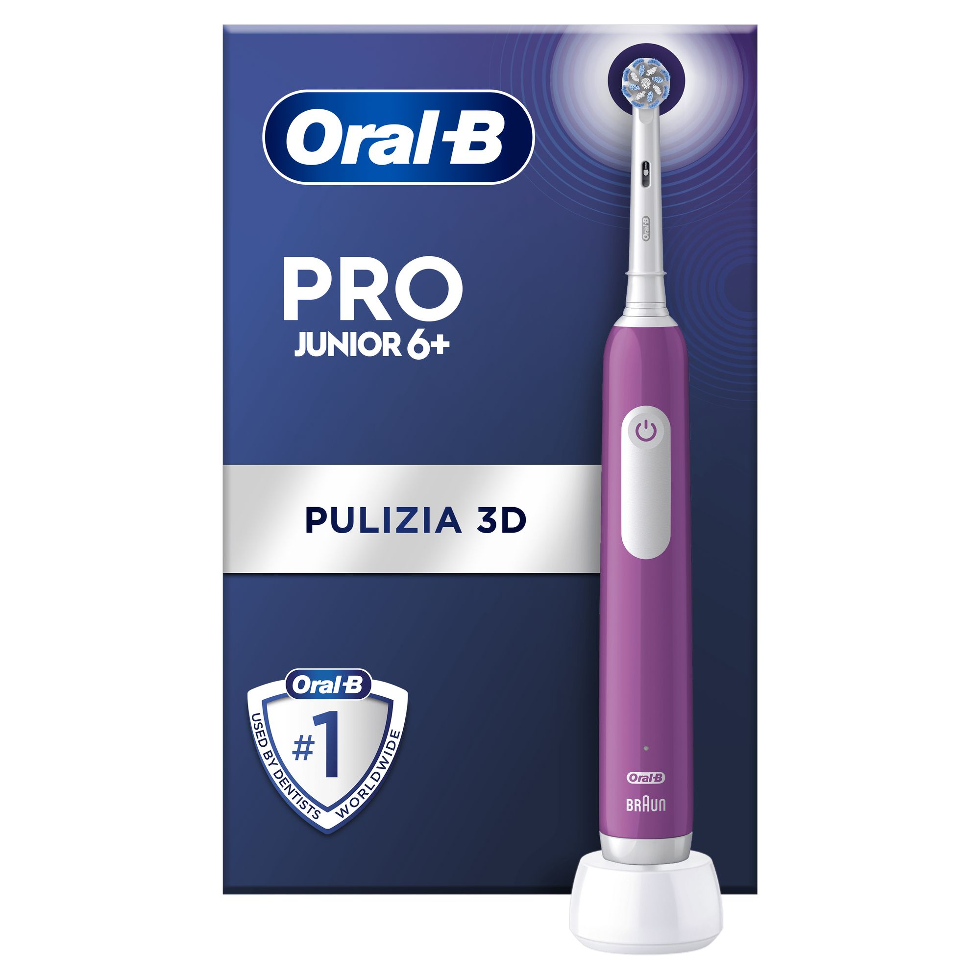 Szczoteczka elektryczna Oral B Pro Junior 6+ z fioletowym uchwytem i ładowarką. Białe tło.