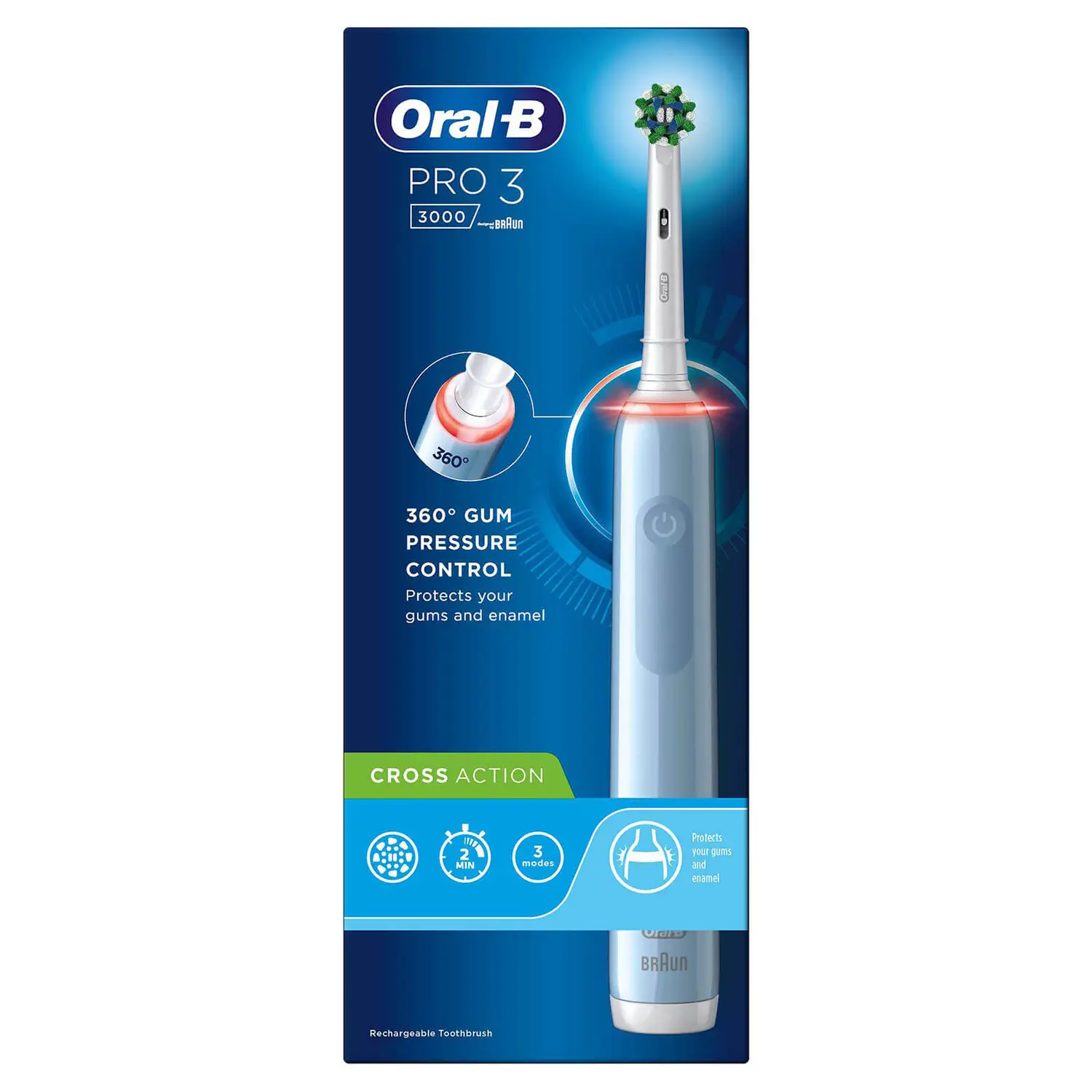 Szczoteczka elektryczna Oral-B Pro 3 z opisem produktu i niebieskim tłem.