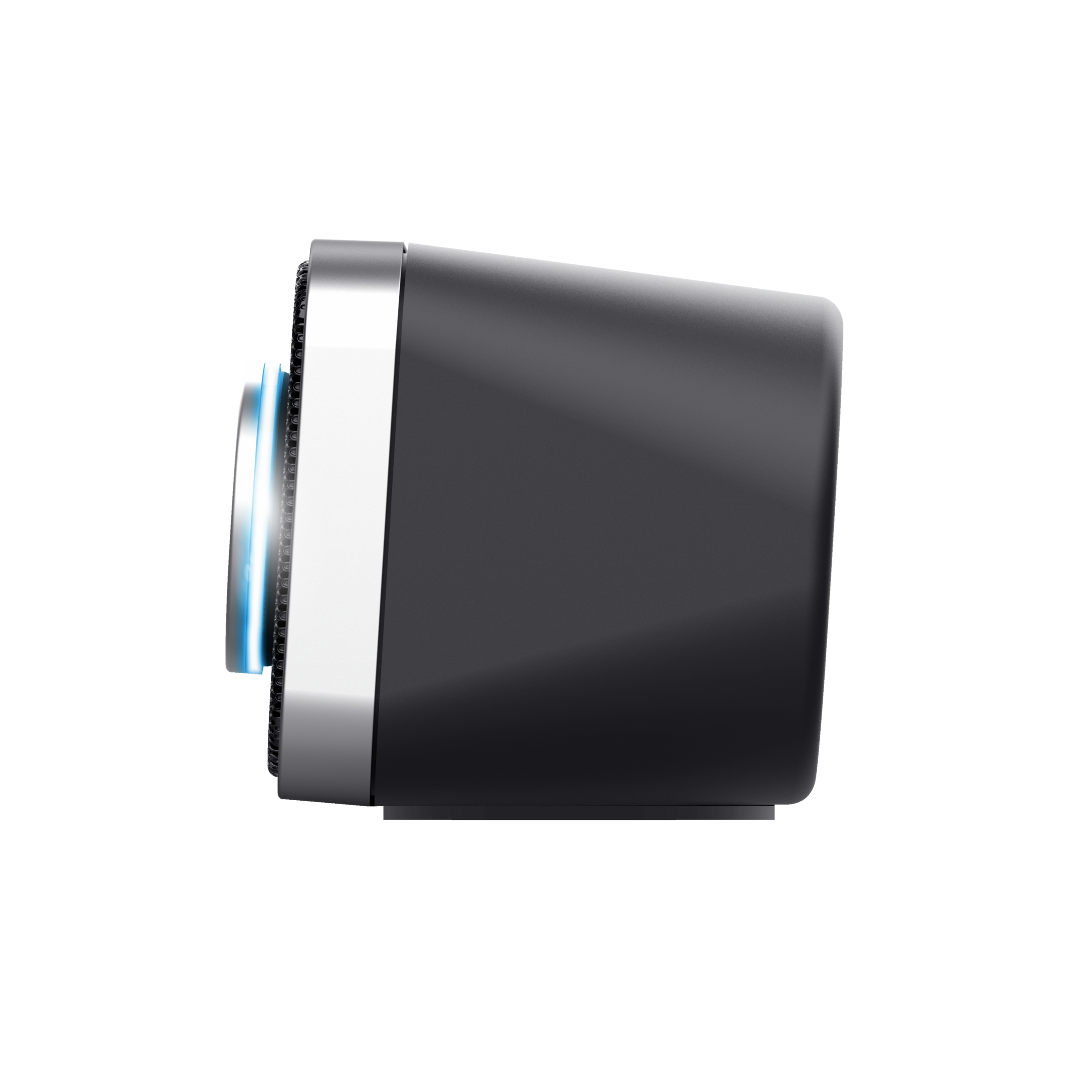 Czarny głośnik ze srebrną opaską i niebieskim podświetlonym okręgiem.