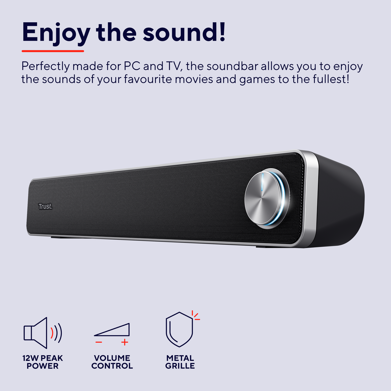 Soundbar z tekstem i ikonami pokazującymi moc szczytową 12W, regulację głośności.