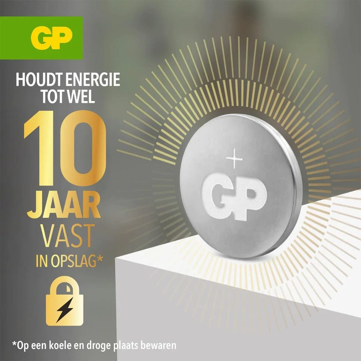 Bateria GP z 10-letnim okresem przechowywania, ikoną kłódki i złotym designem.